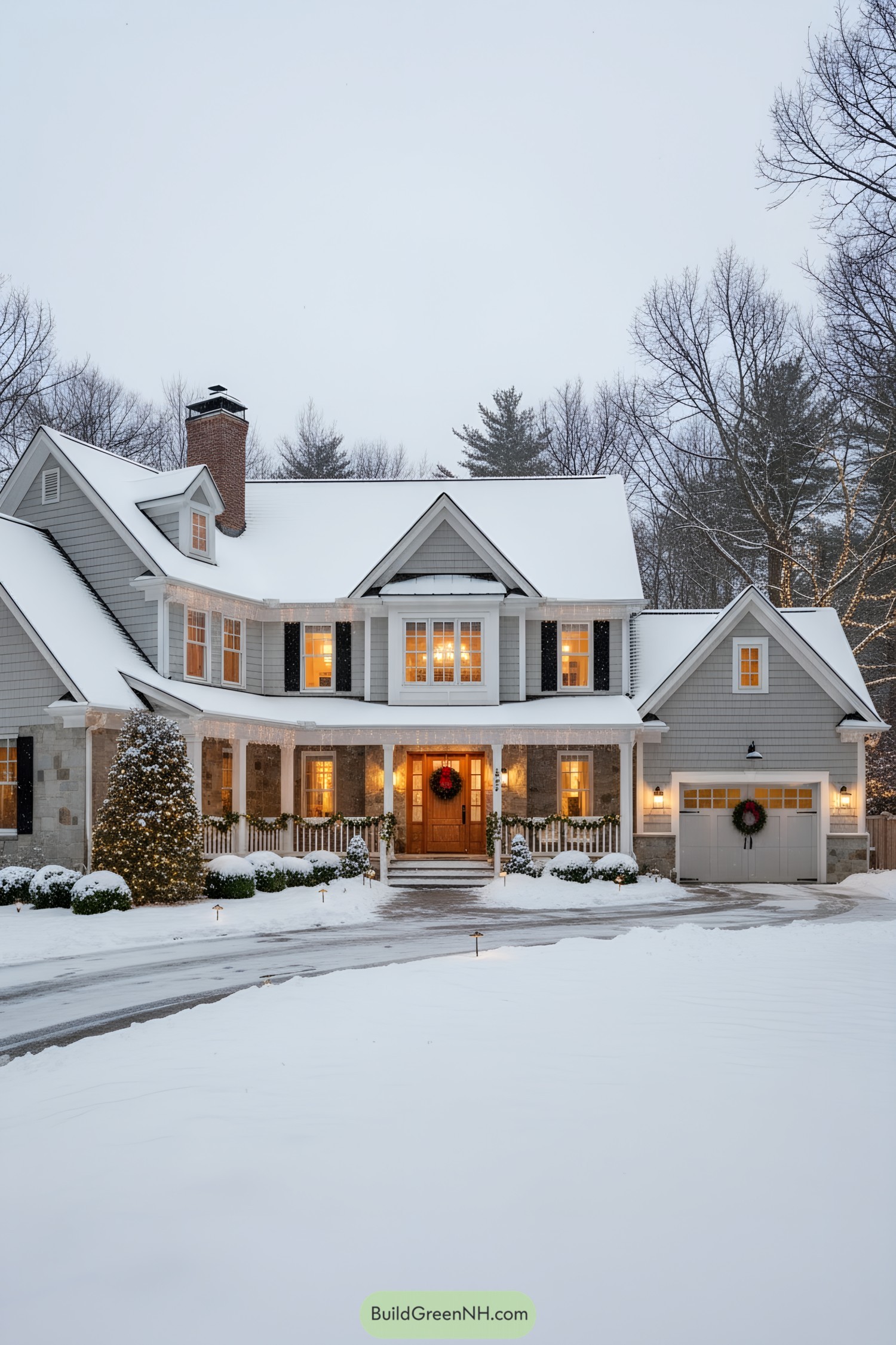 Gray clapboard cottage with snow, wreaths, and warm lights