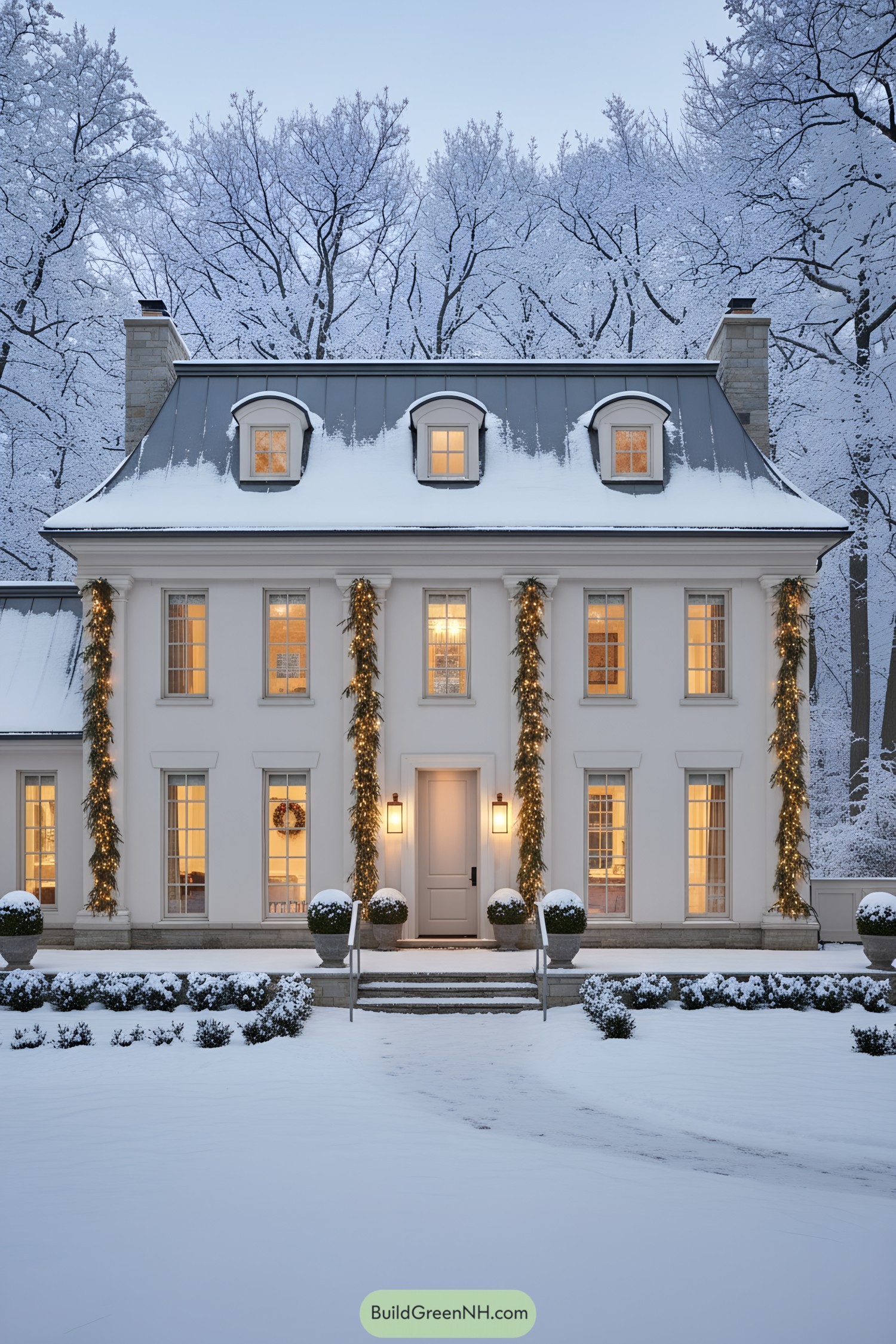 Elegant white cottage with garland-lit columns and snow-dusted slate roof