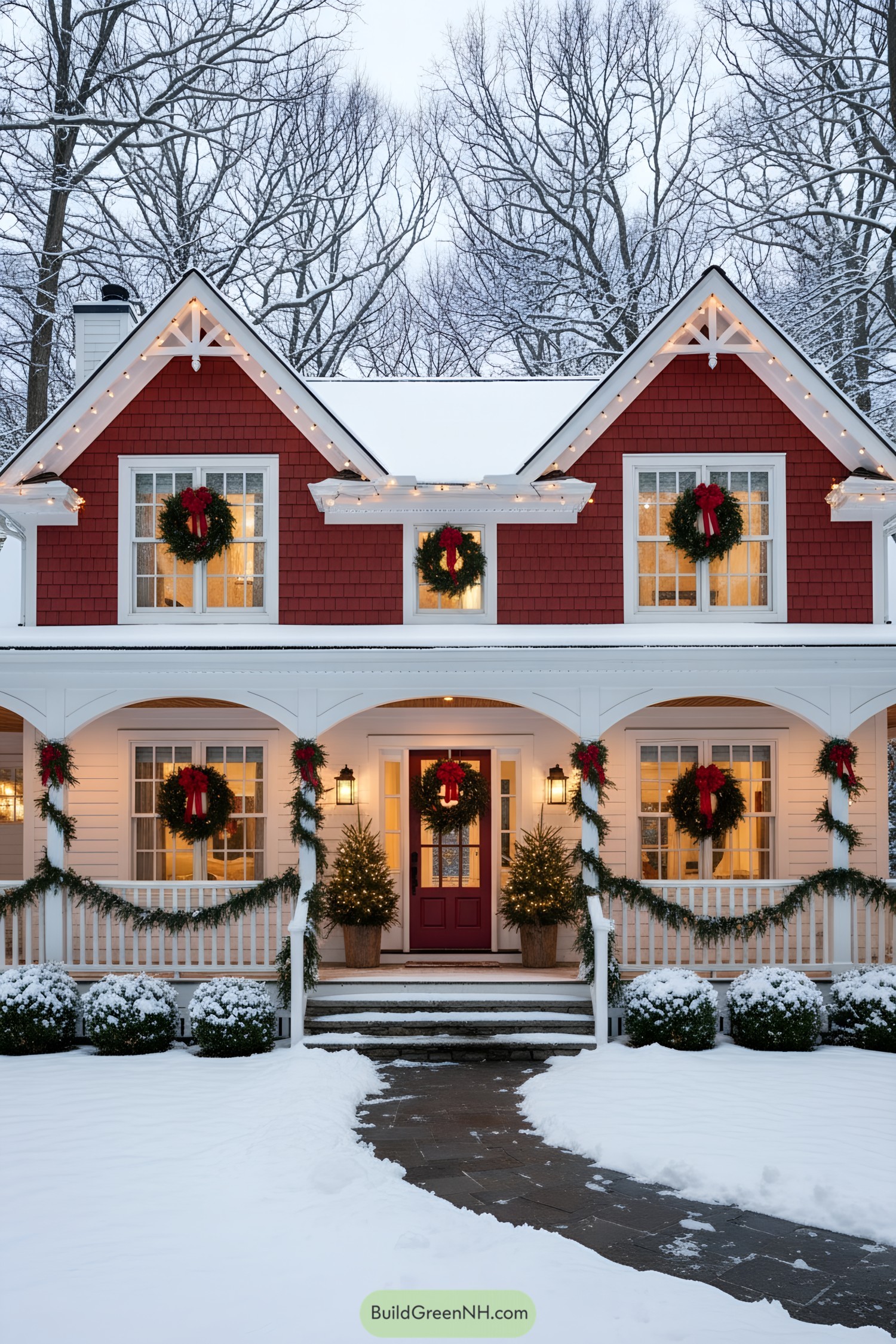 Red cottage with wreaths and garlands in snow