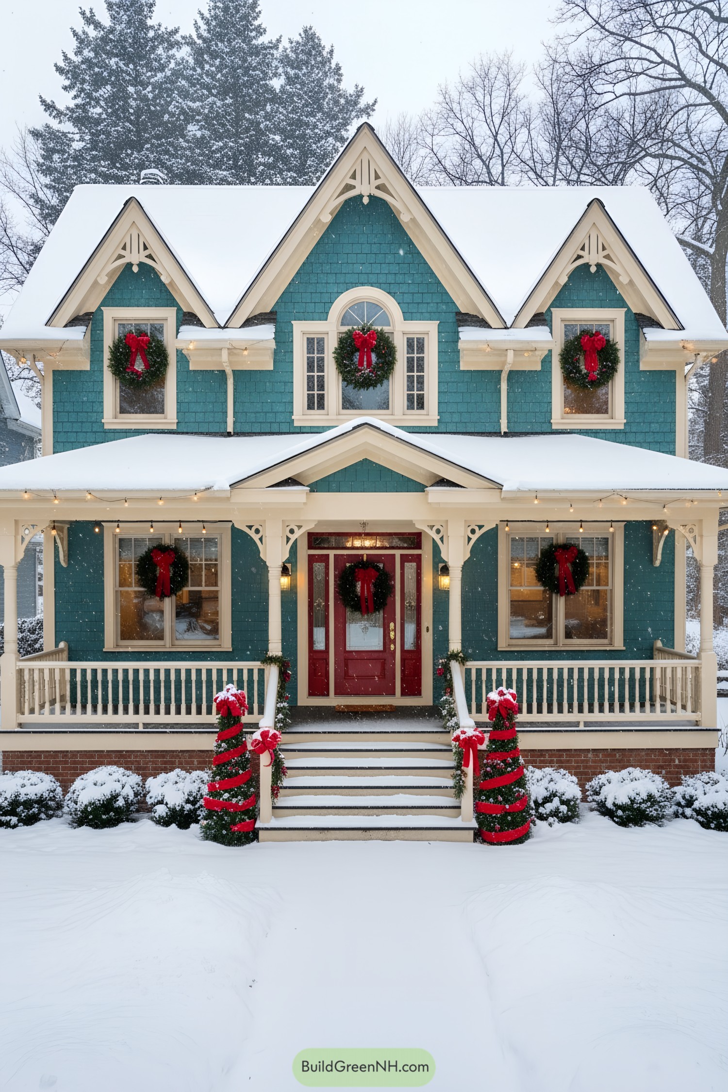 Snowy teal cottage with wreaths and red door