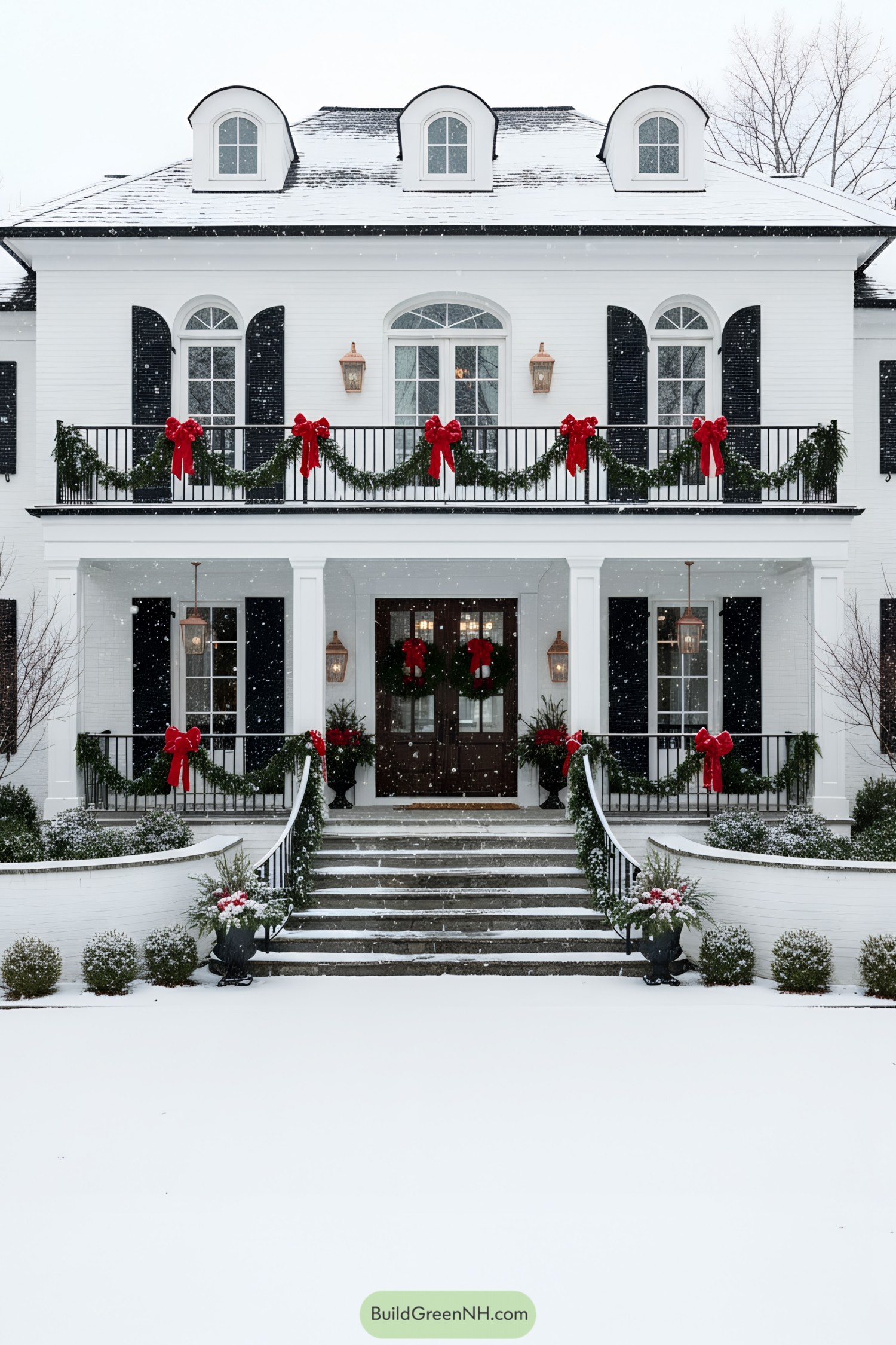 White facade with black shutters, garlands, and red bows draped across railings and entry. Symmetrical porch and stairway dressed in evergreen swags under gentle snow