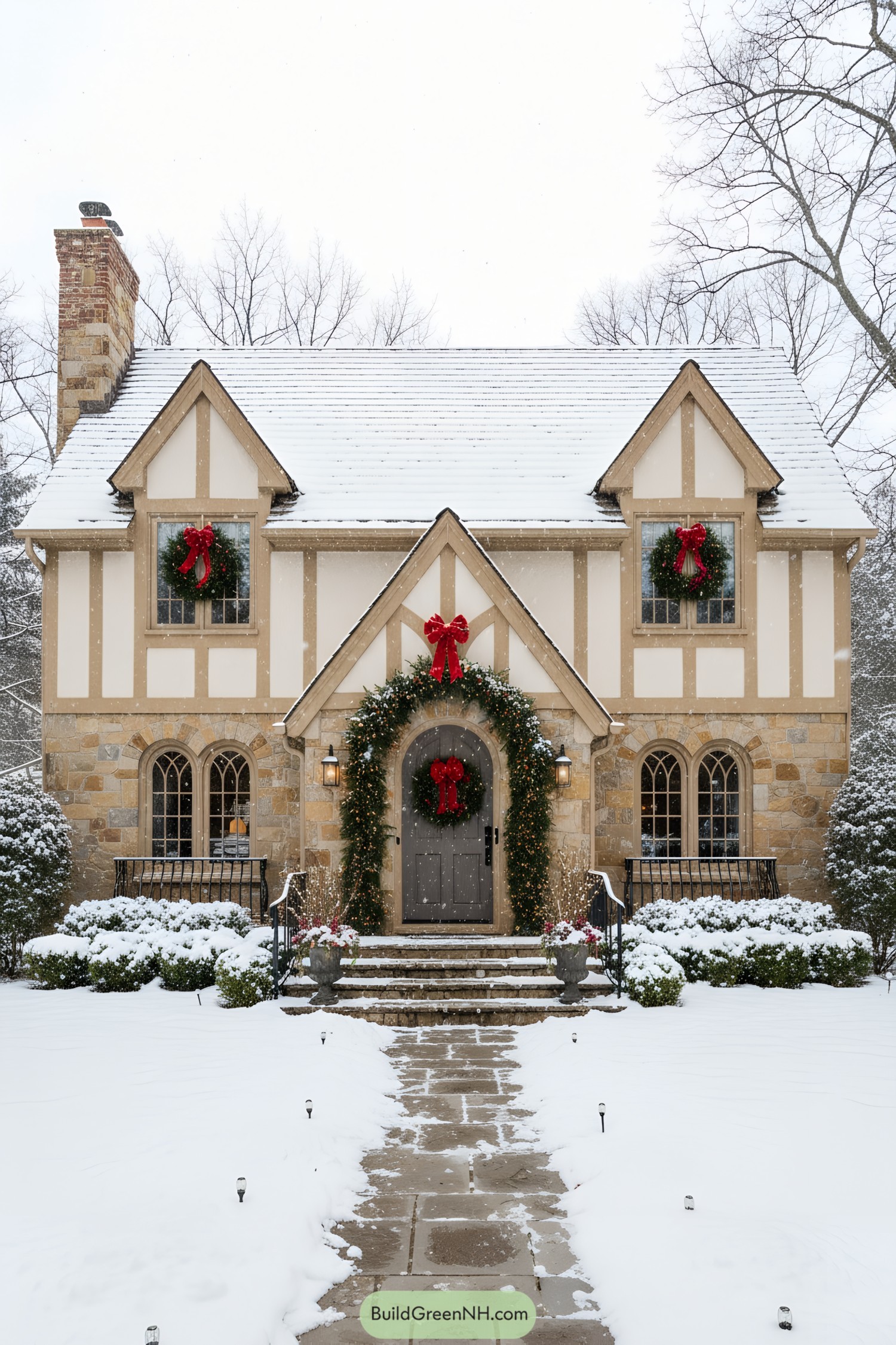 Snowy Tudor cottage with wreaths and garlands