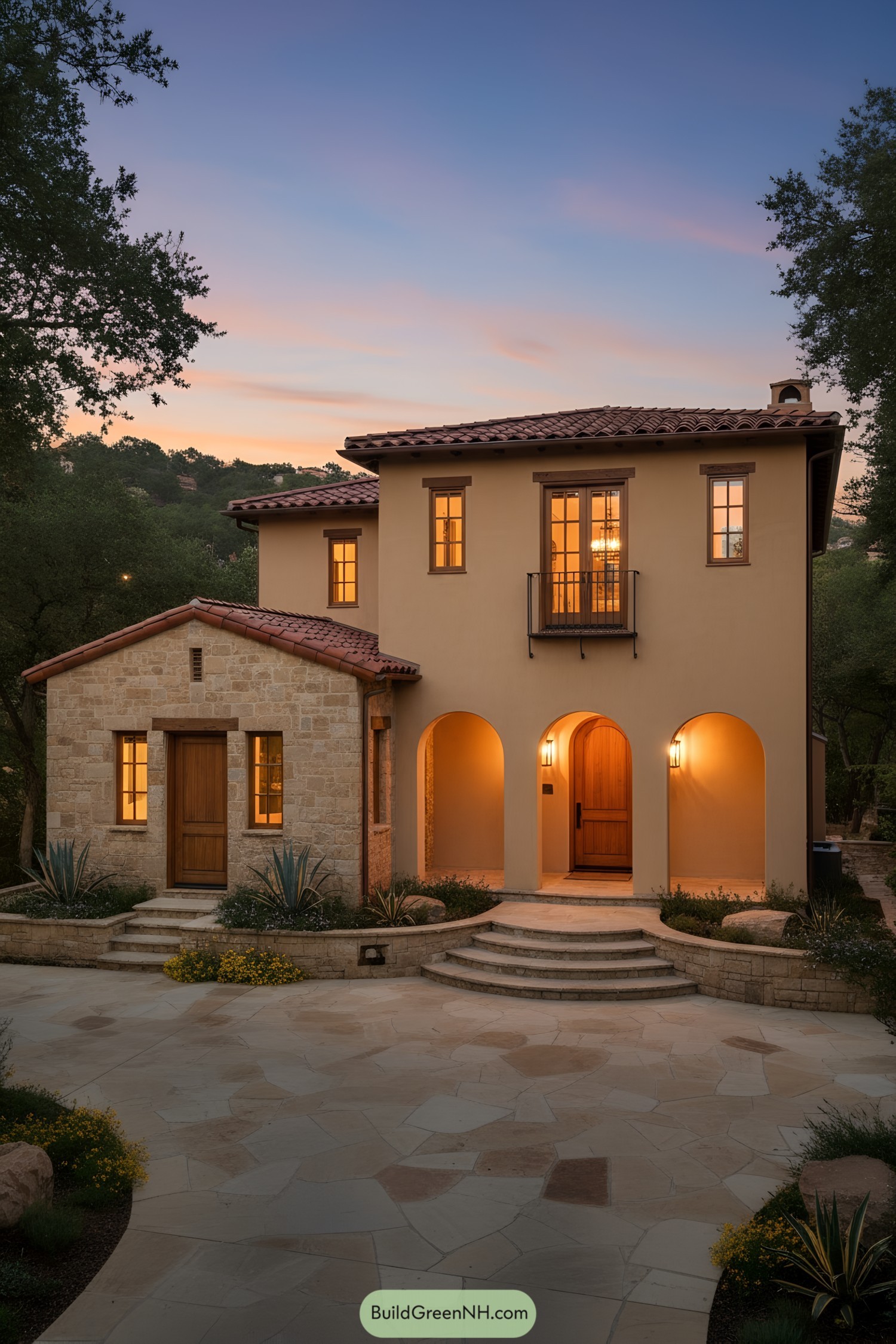 Two-story Mediterranean home with arched porch and warm lights at dusk