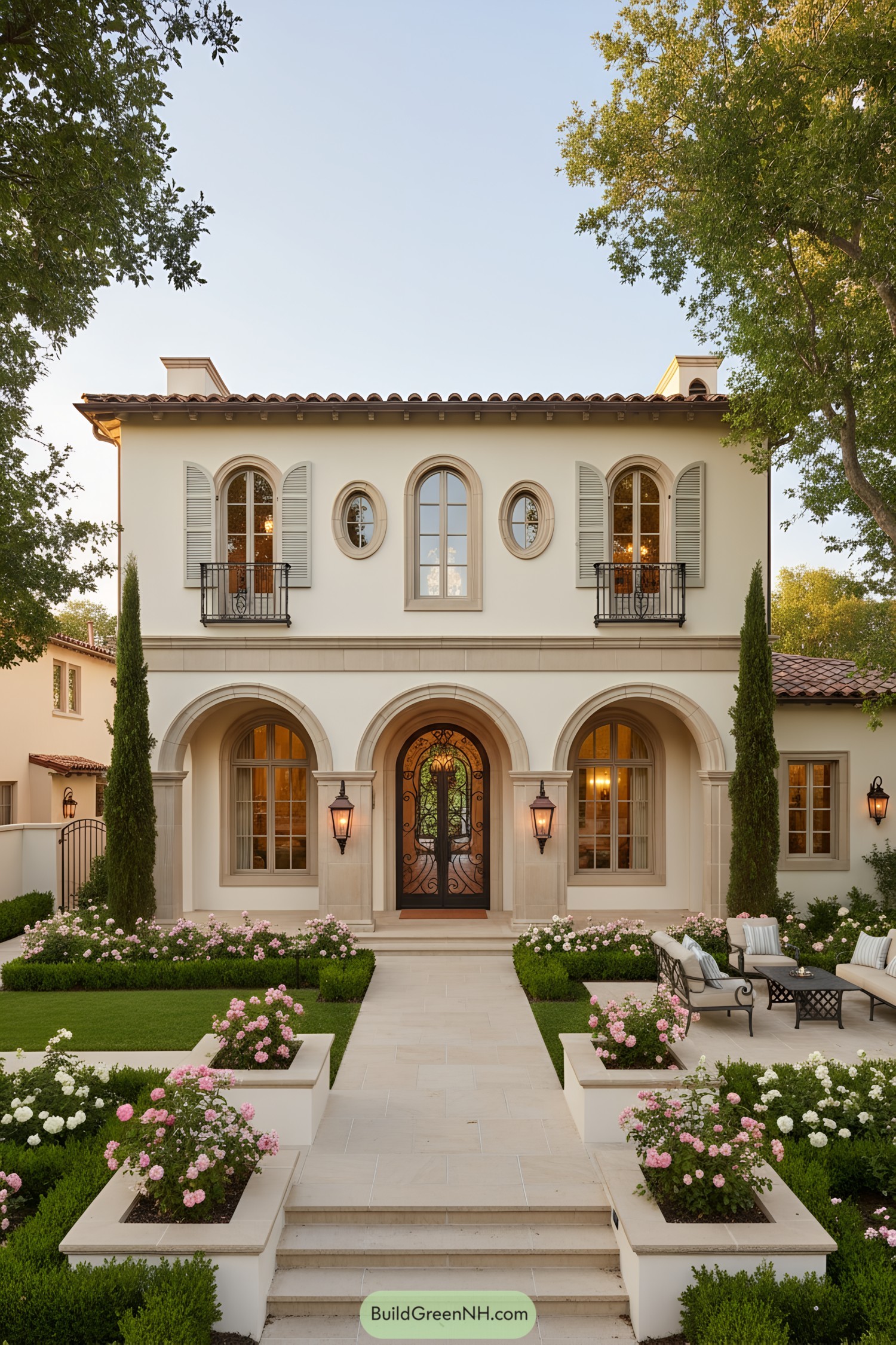 Mediterranean villa with arched entry and lush garden