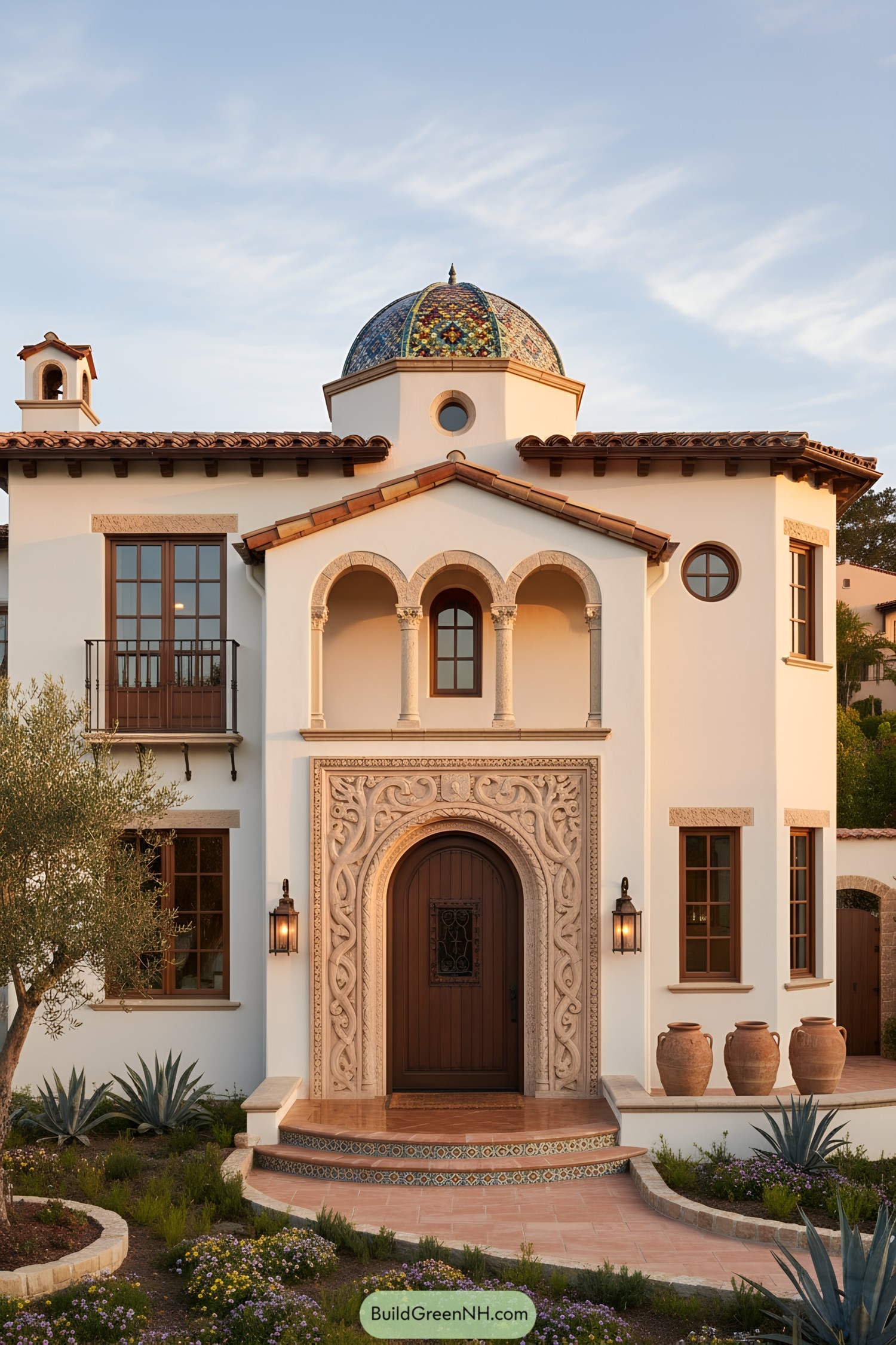 Mediterranean villa with mosaic dome and carved stone entry