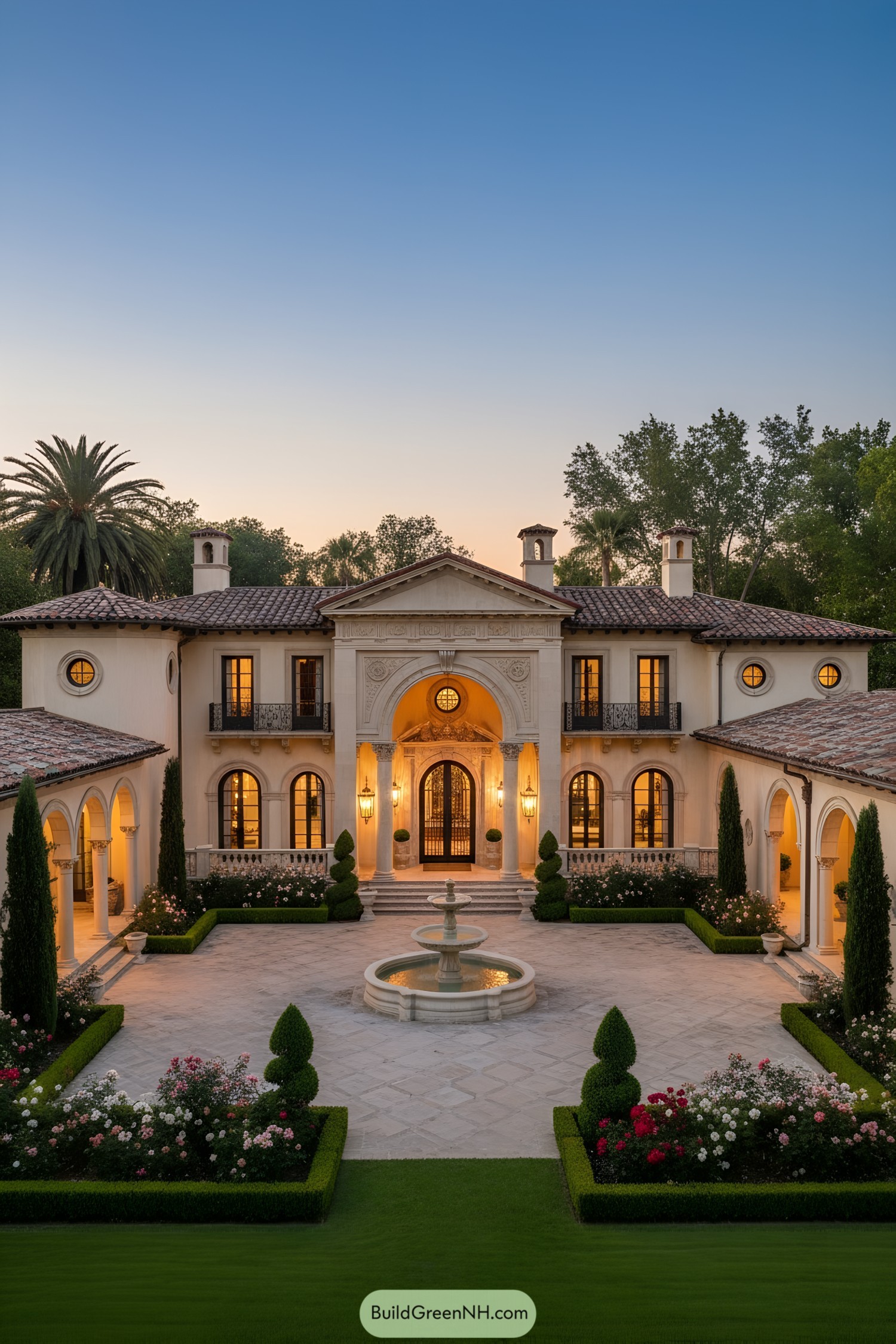 Elegant Mediterranean villa with arched portico and fountain