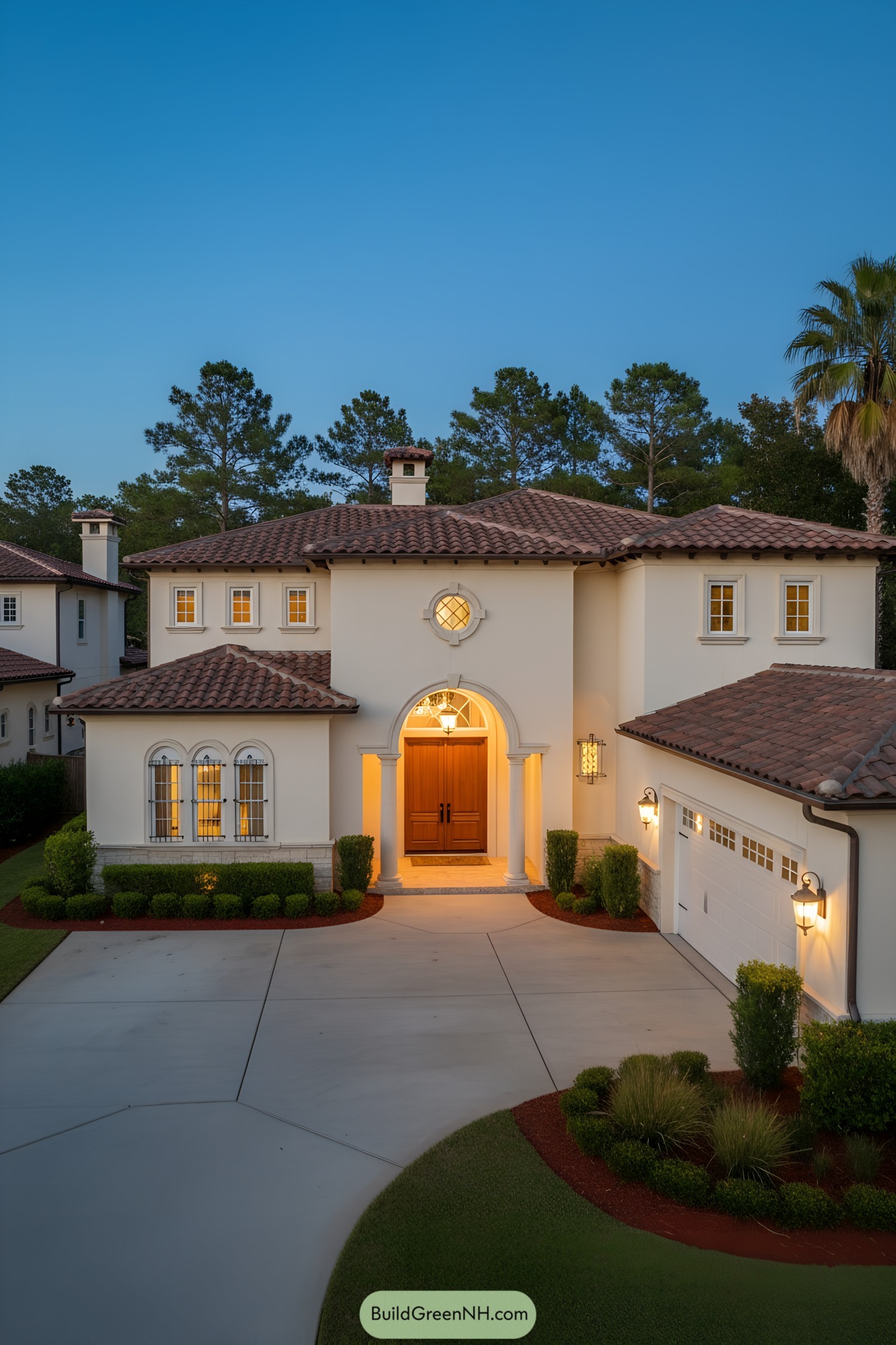 Mediterranean two-story home with arched entry and terracotta roof at dusk