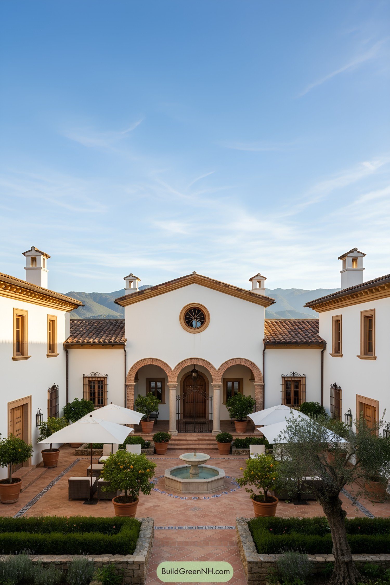 Mediterranean courtyard villa with arches and fountain
