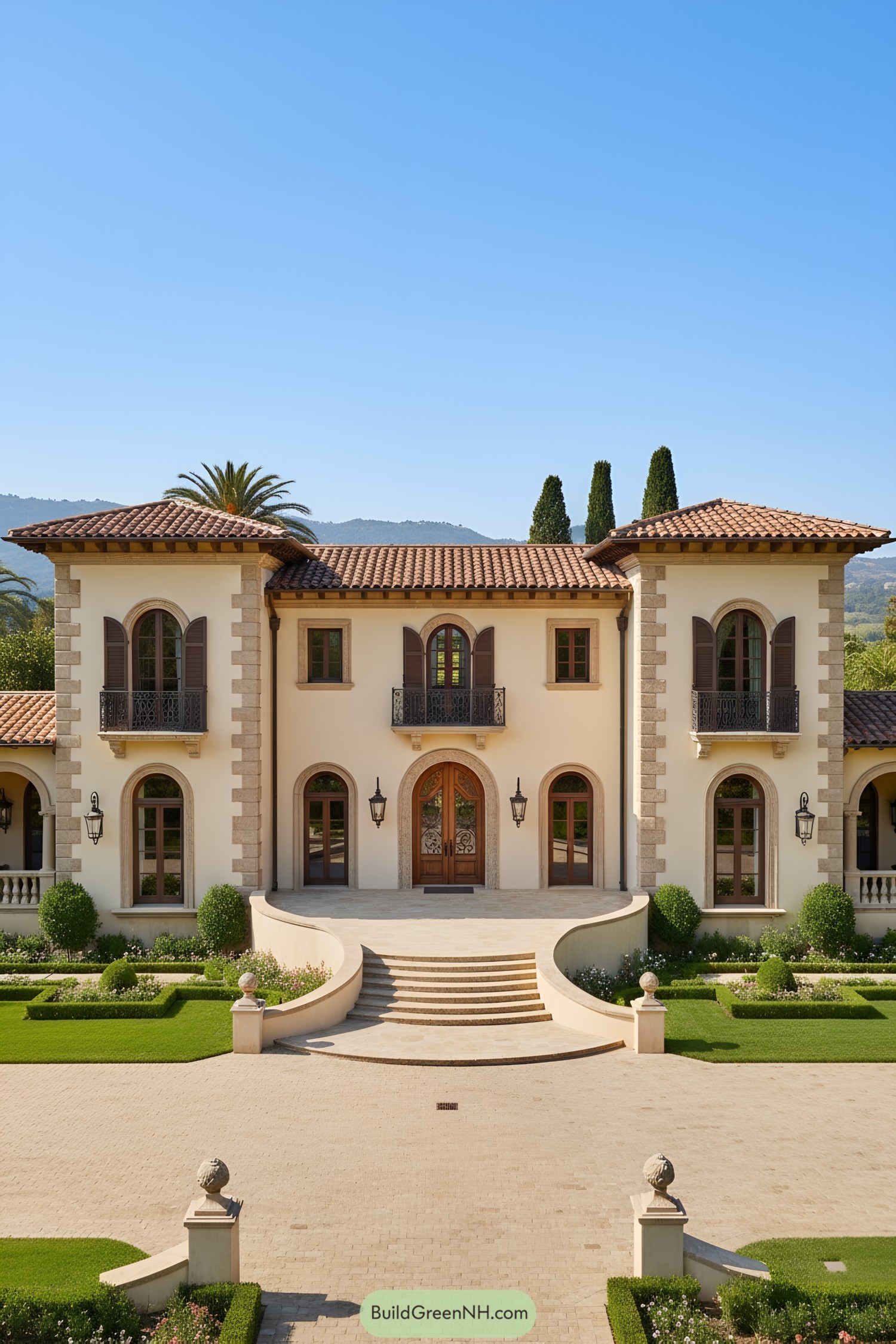 Mediterranean villa with twin towers and arches