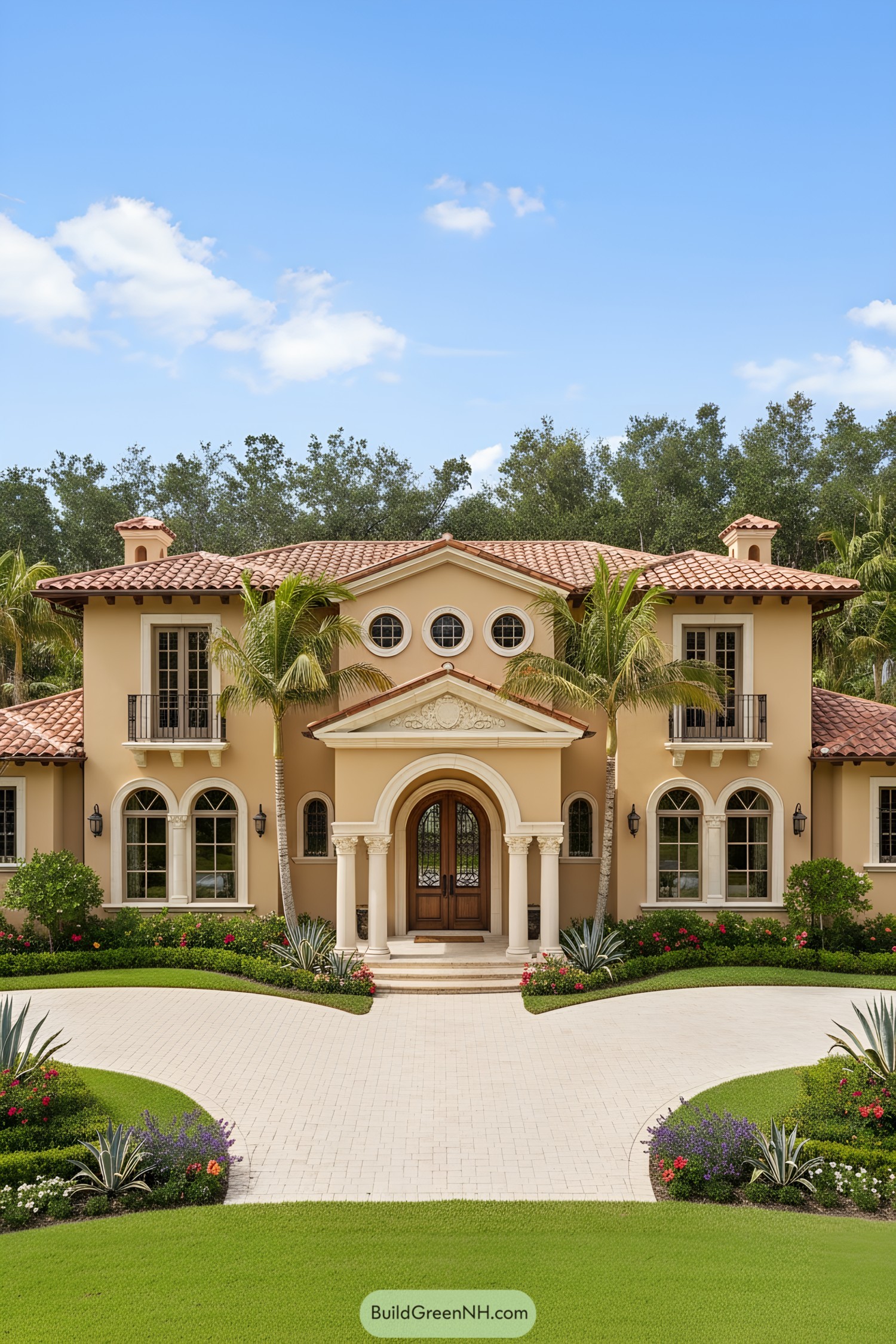 Mediterranean two-story stucco house with terracotta roof and arched entry flanked by palms