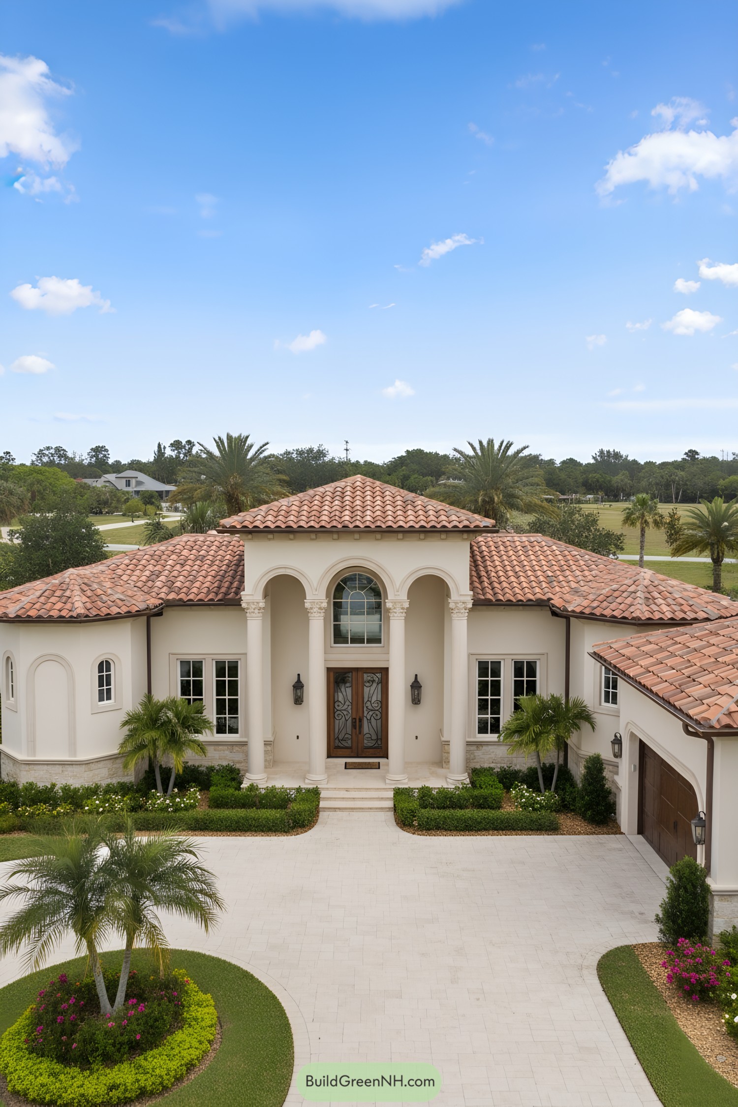 Mediterranean villa with red-tile roofs and arched portico