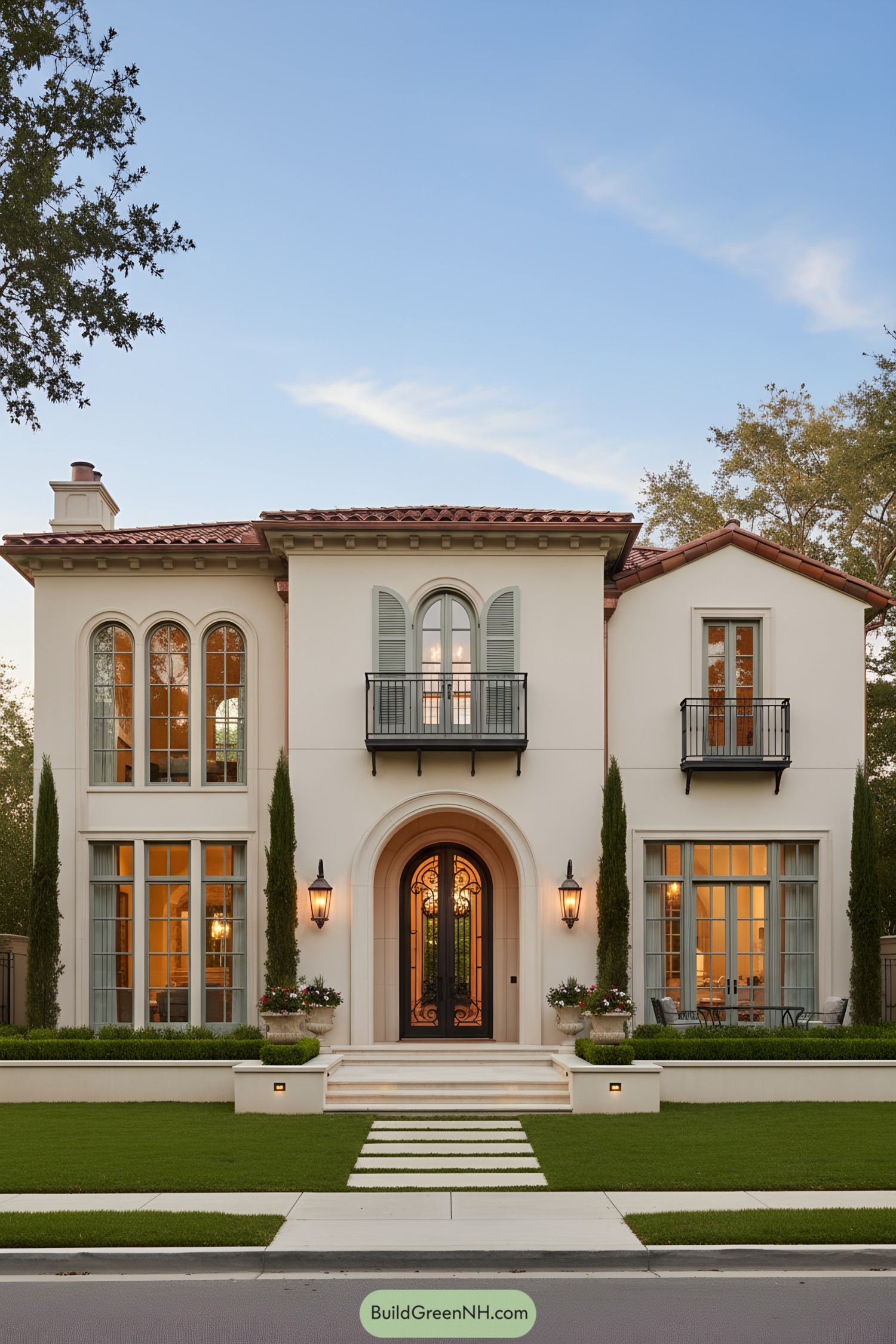 Mediterranean villa with arched windows, shutters, and terracotta roof