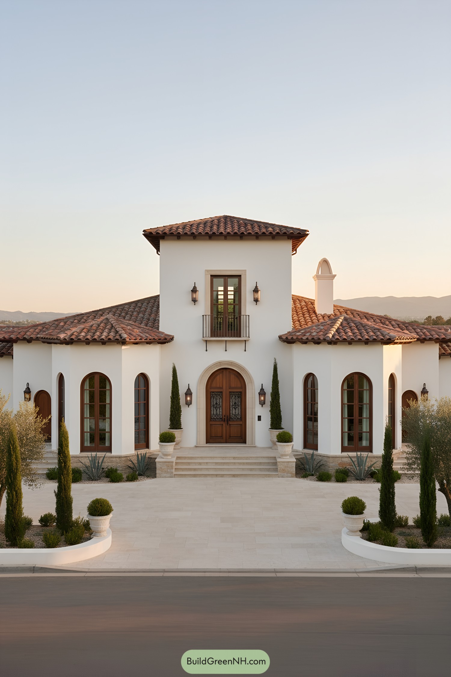 White stucco villa with terracotta roof and central tower