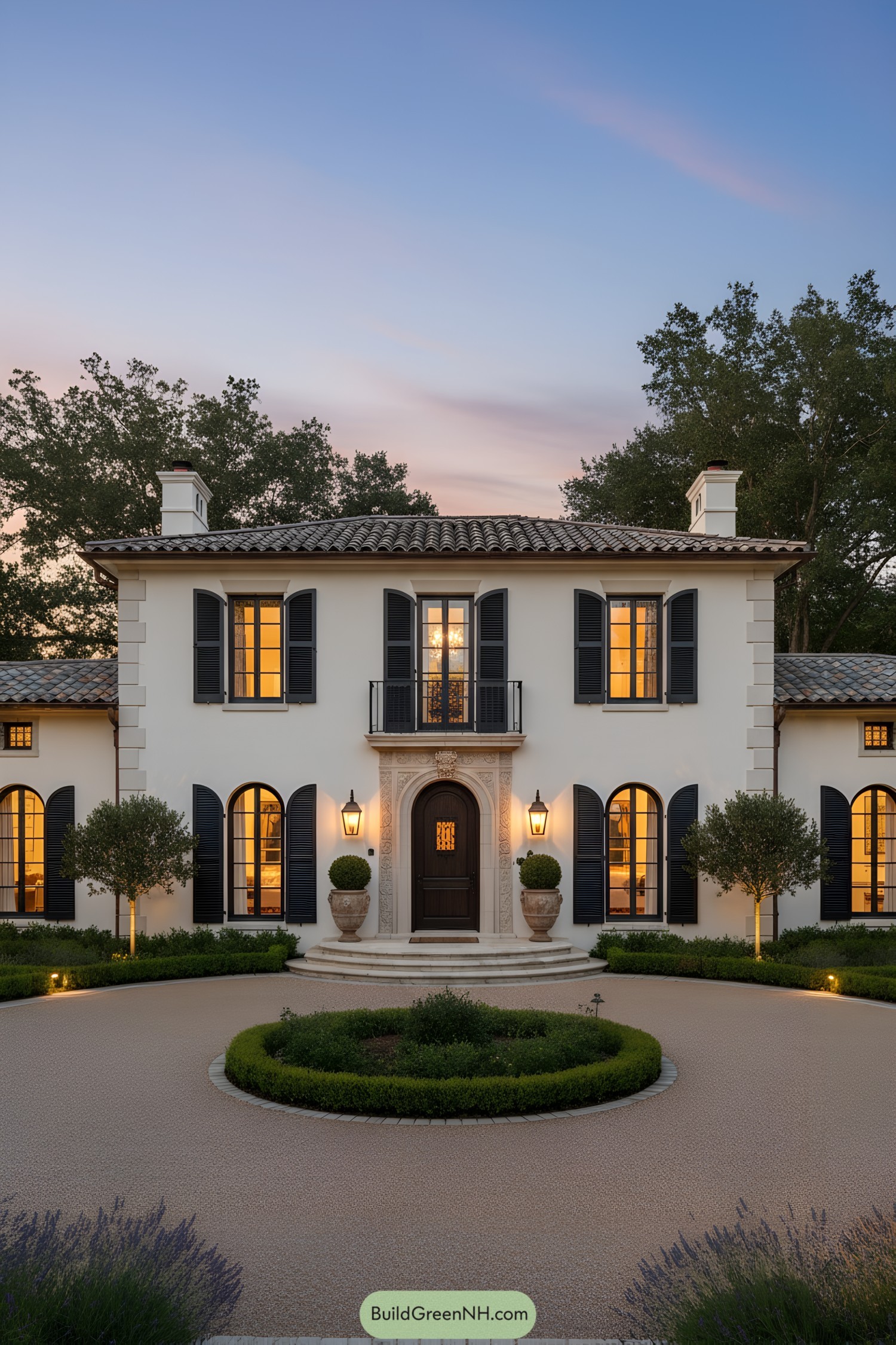 Two-story Mediterranean house with arched windows, black shutters, and a roundabout drive at dusk
