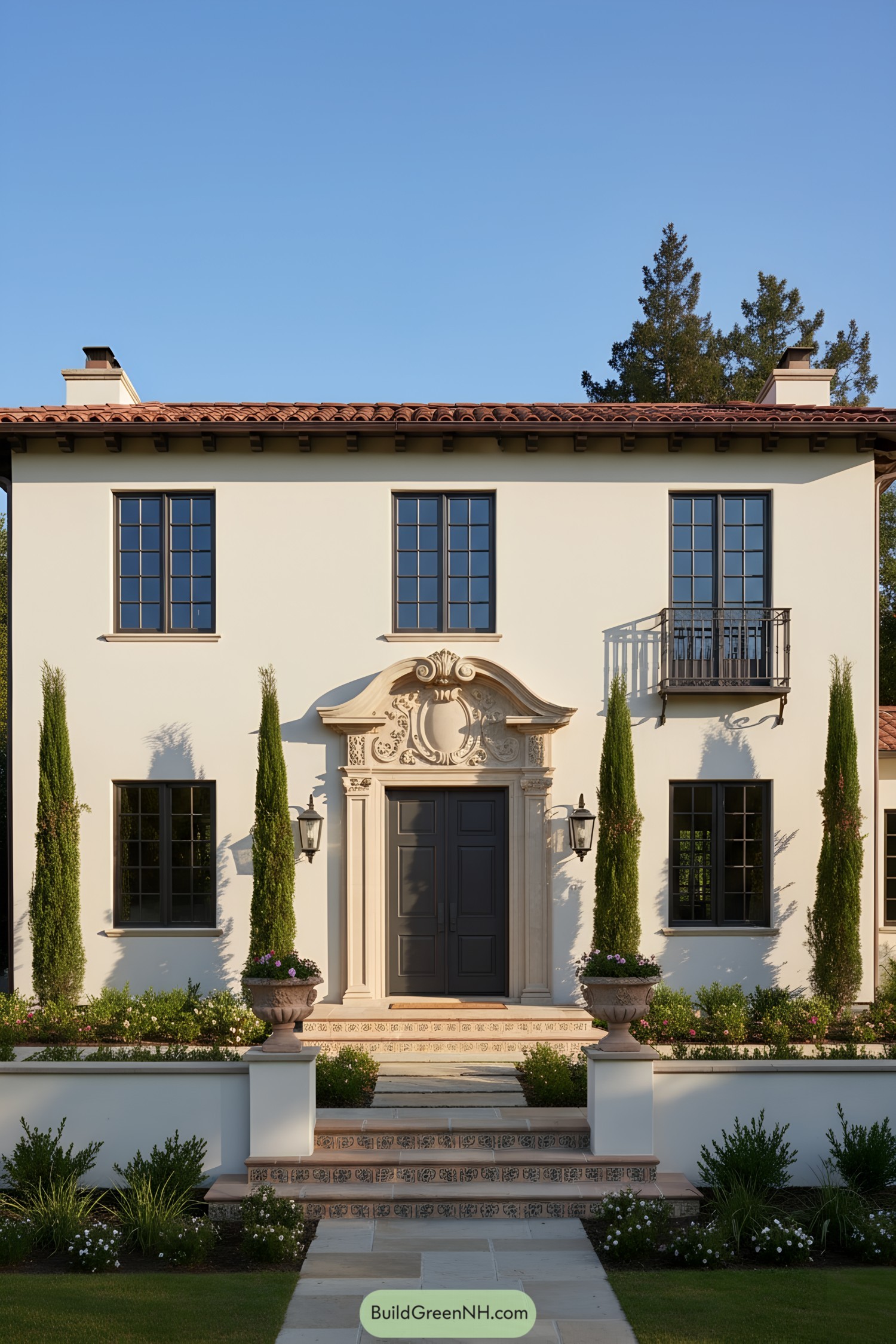 Stucco Mediterranean house with ornate entry and tiled steps