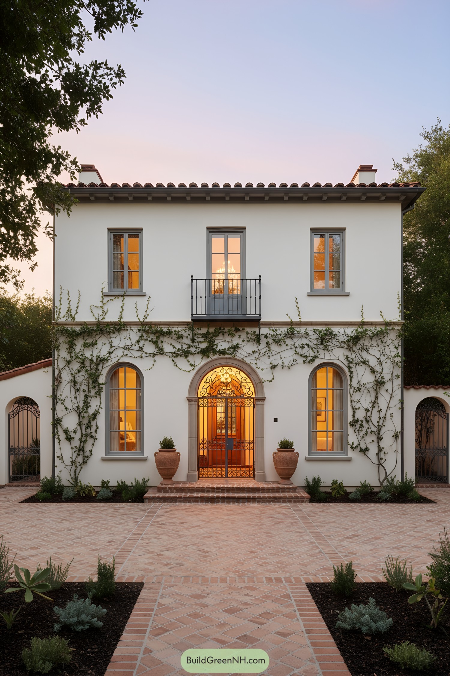 White stucco Mediterranean facade with arched iron entry and terracotta court