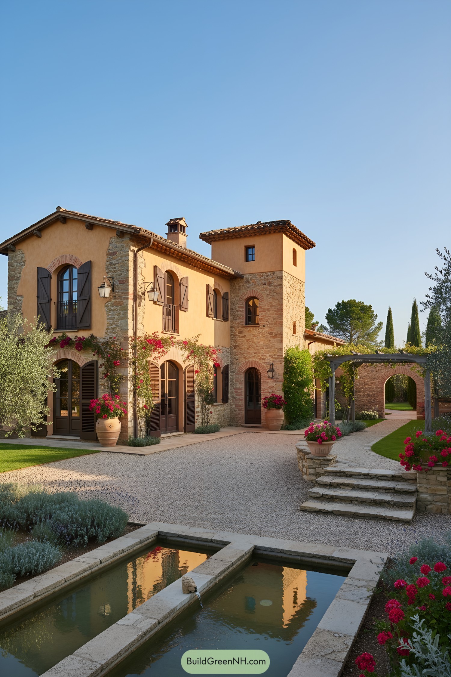 Mediterranean villa with stone tower and courtyard