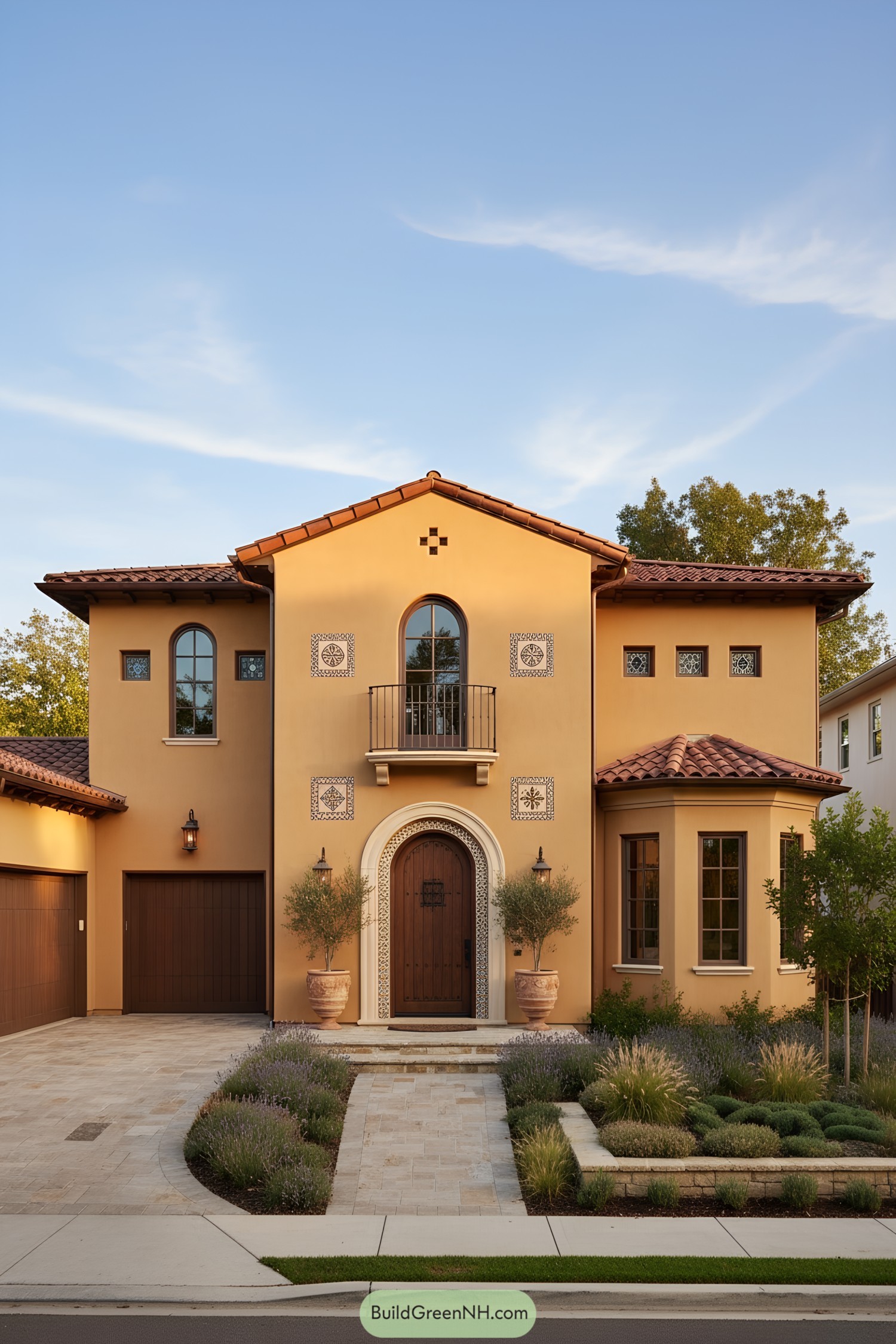 Mediterranean stucco home with arched entry and terracotta roof