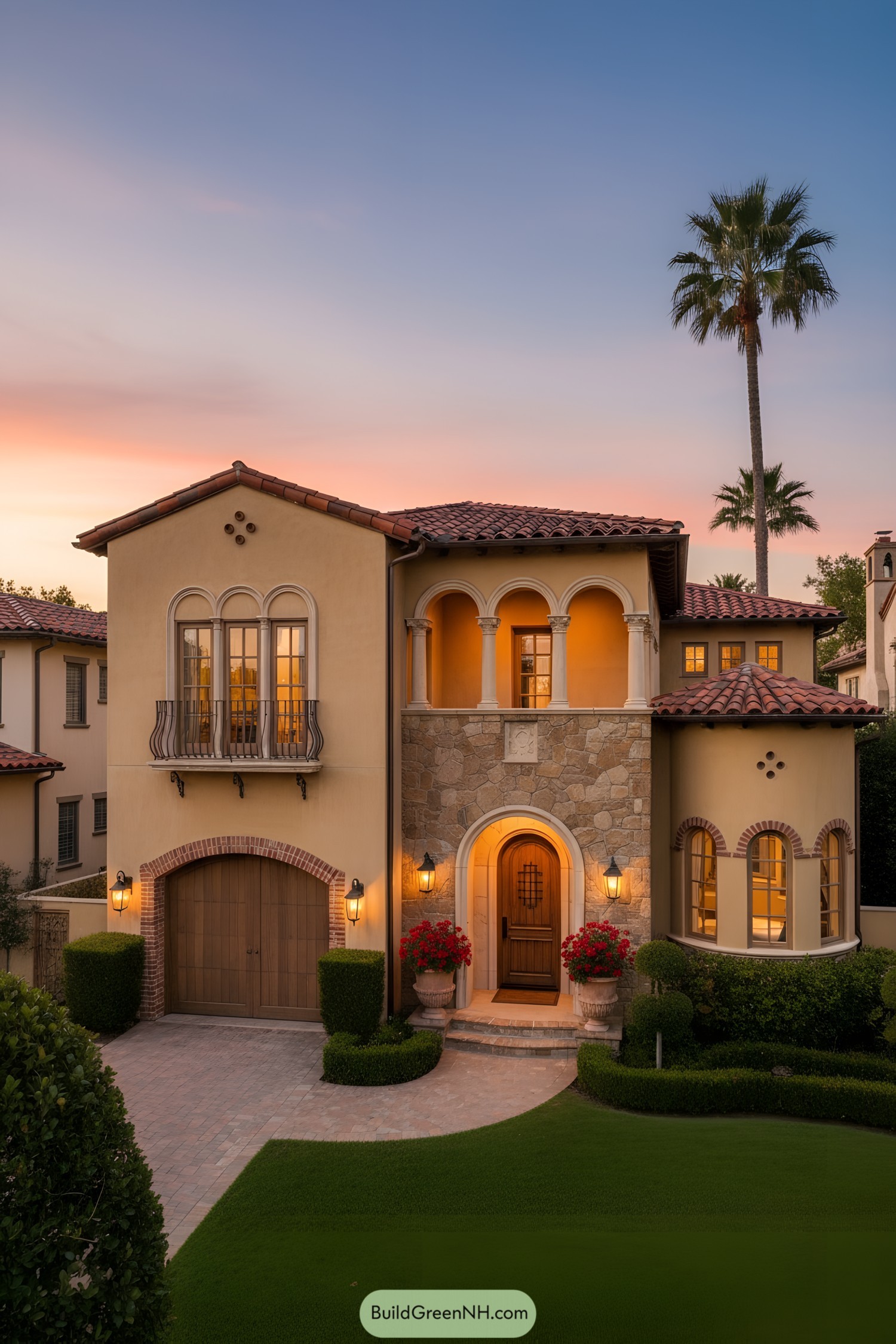 Mediterranean villa with arched loggia and tiled roof at dusk