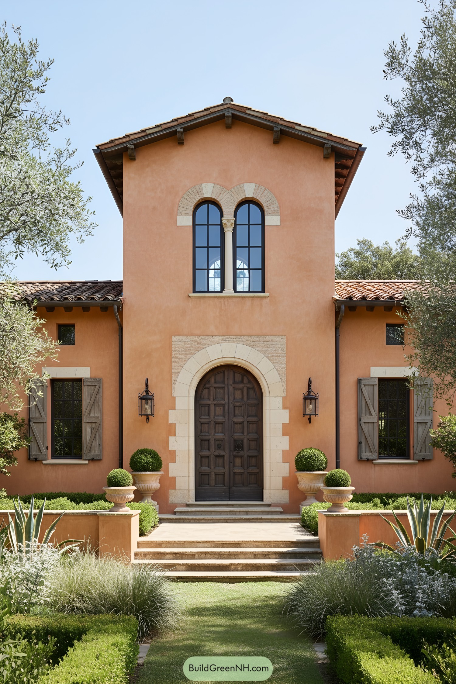 Mediterranean villa with arched entry and tower
