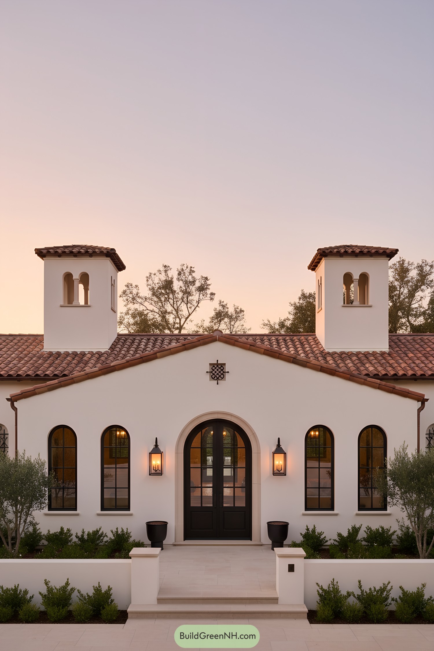White stucco Mediterranean home with terracotta roof, twin bell towers, and arched black windows at dusk