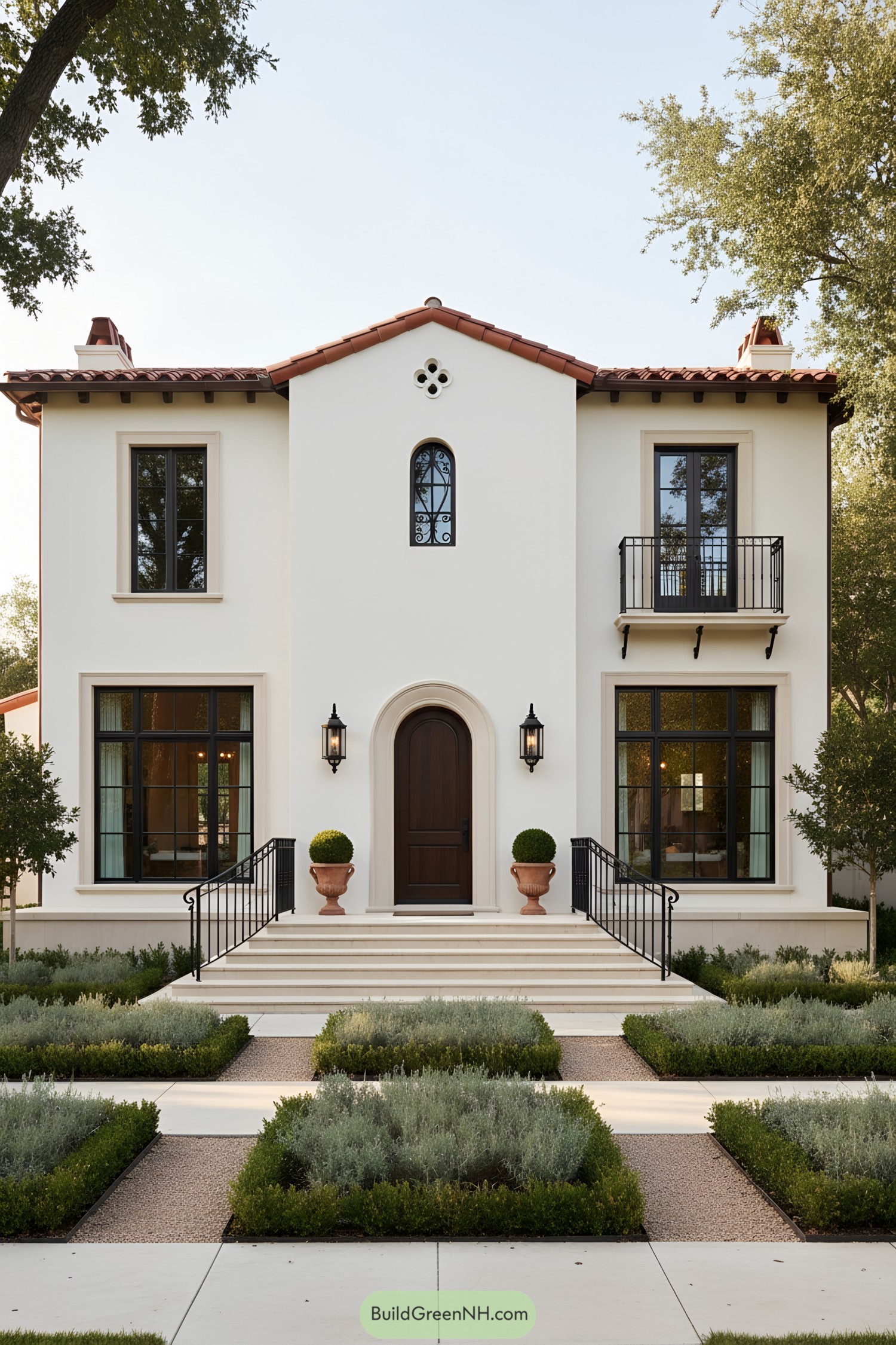 Mediterranean-style house with stucco, red tile roof, iron balconies, and formal stepped entry