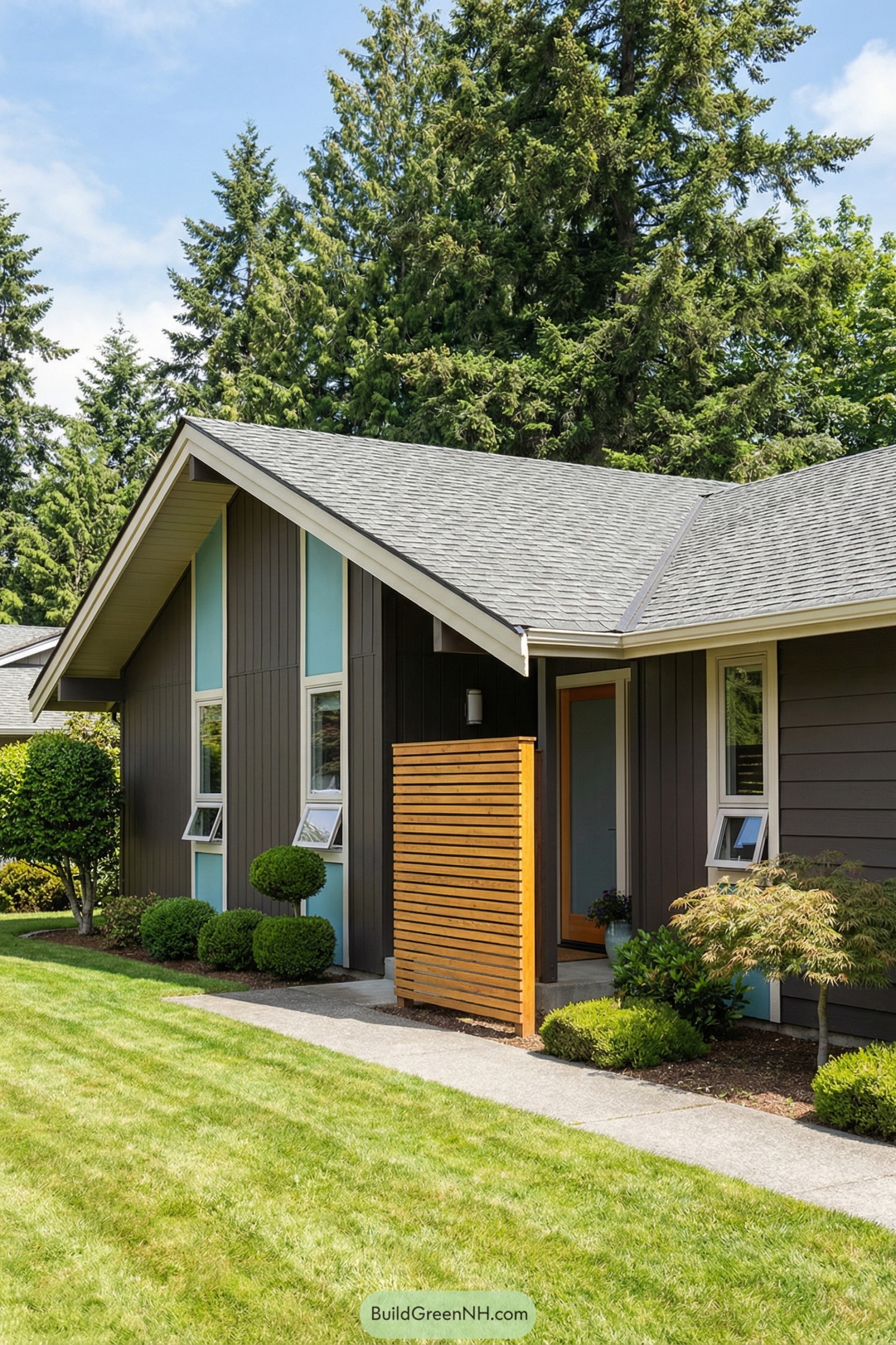 Brown midcentury house with aqua panels and slatted wood screen by the entry