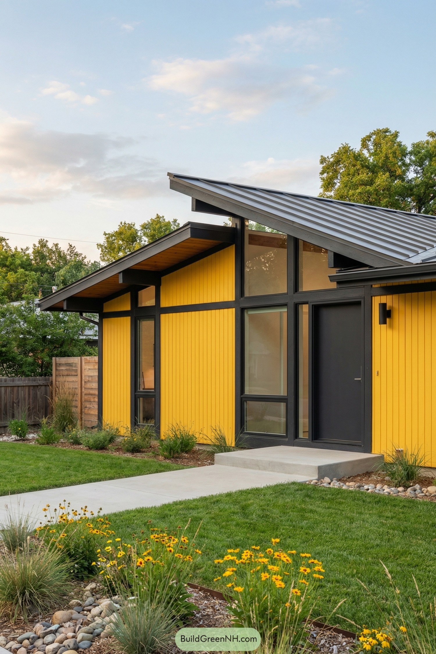 Yellow midcentury house with dark trim and pitched metal roof