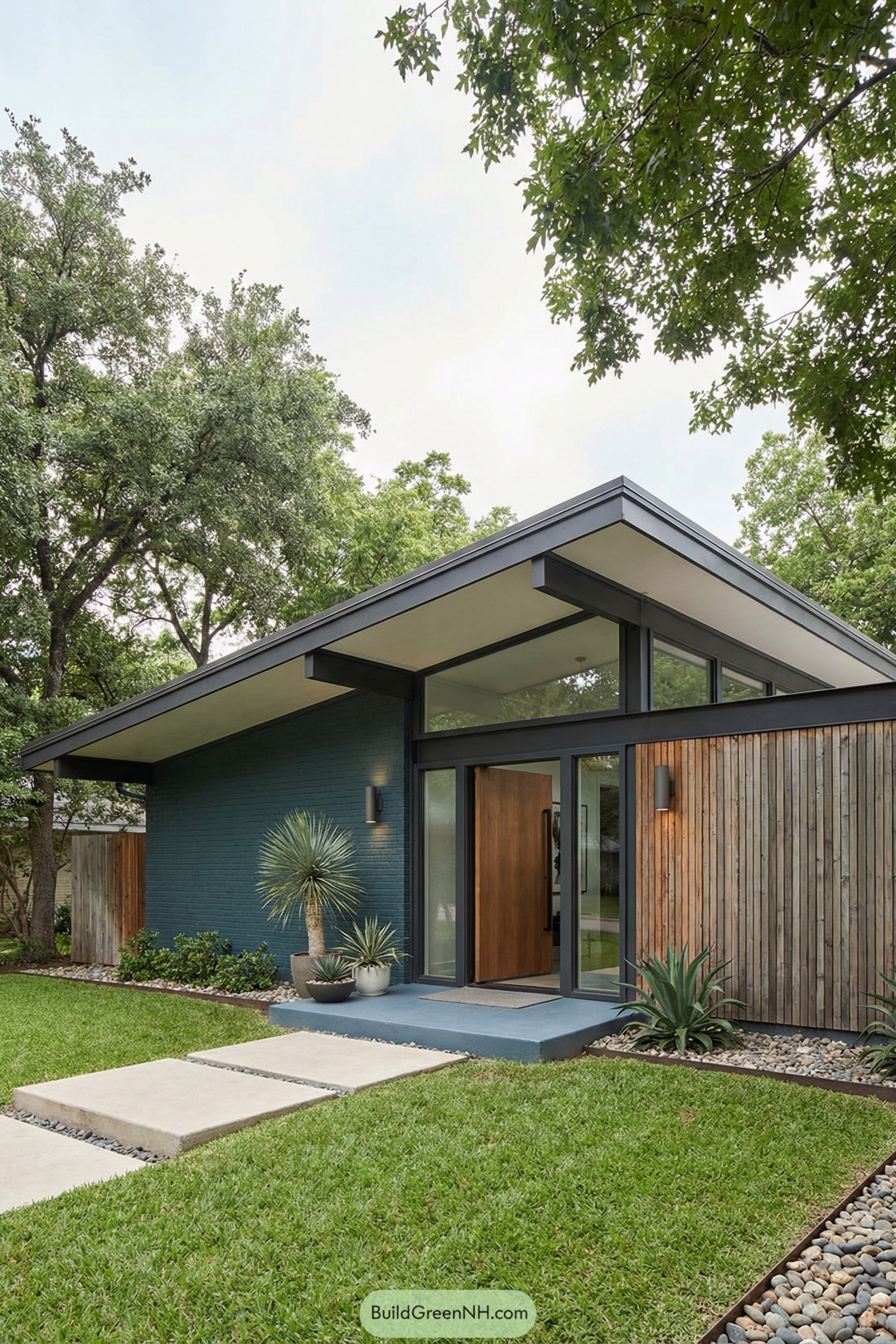 Midcentury house with angled roof and wood siding