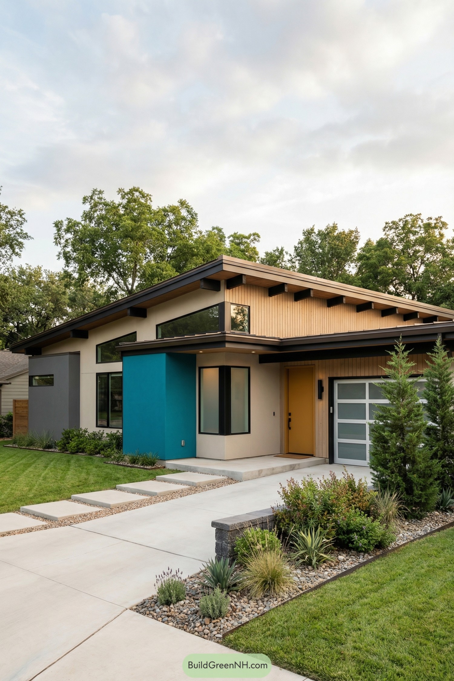 Midcentury home with teal accent volume, sloped rooflines, mustard door, and minimalist xeriscape
