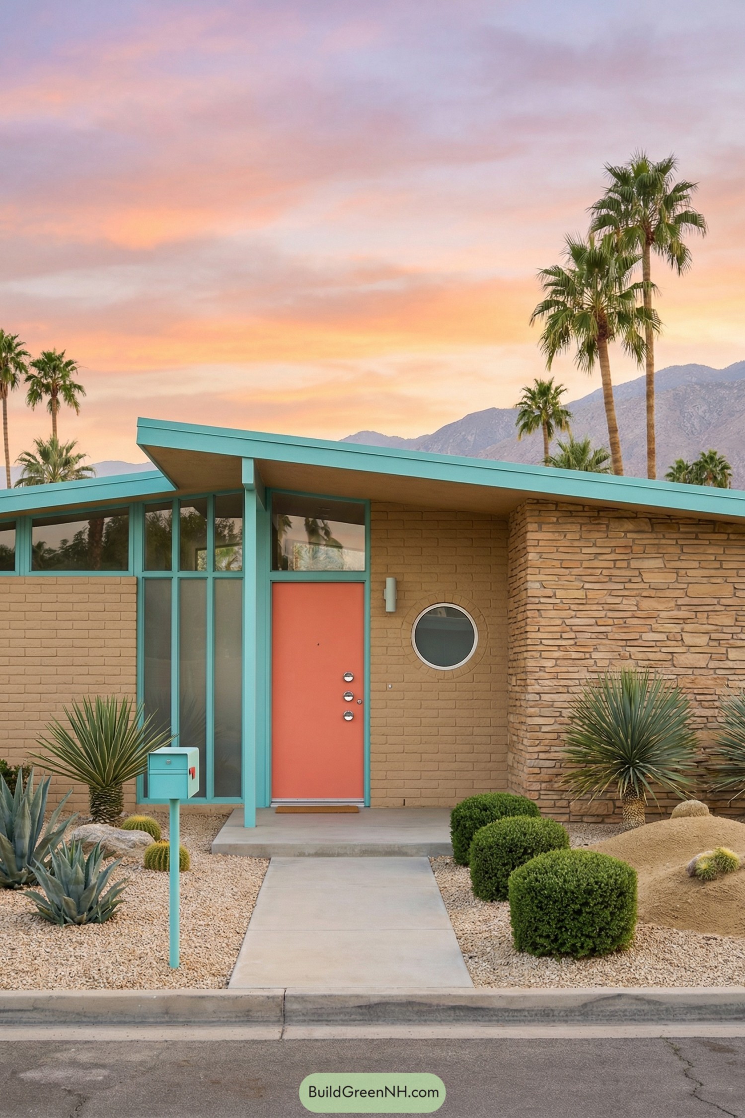 Pastel-trimmed midcentury house with sloped roof