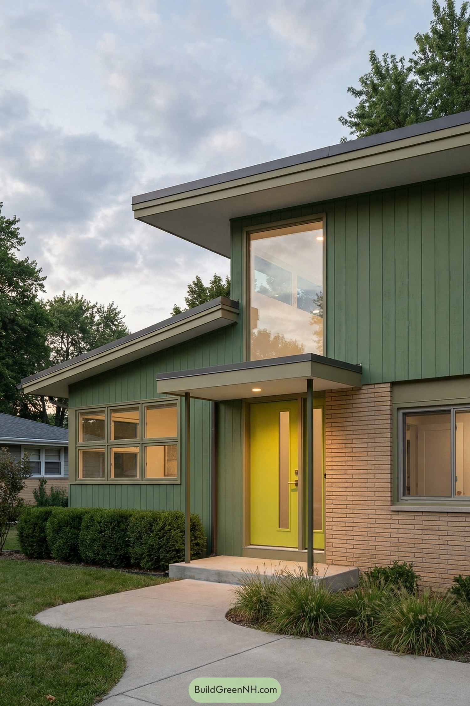Green midcentury house with lime door and angled rooflines