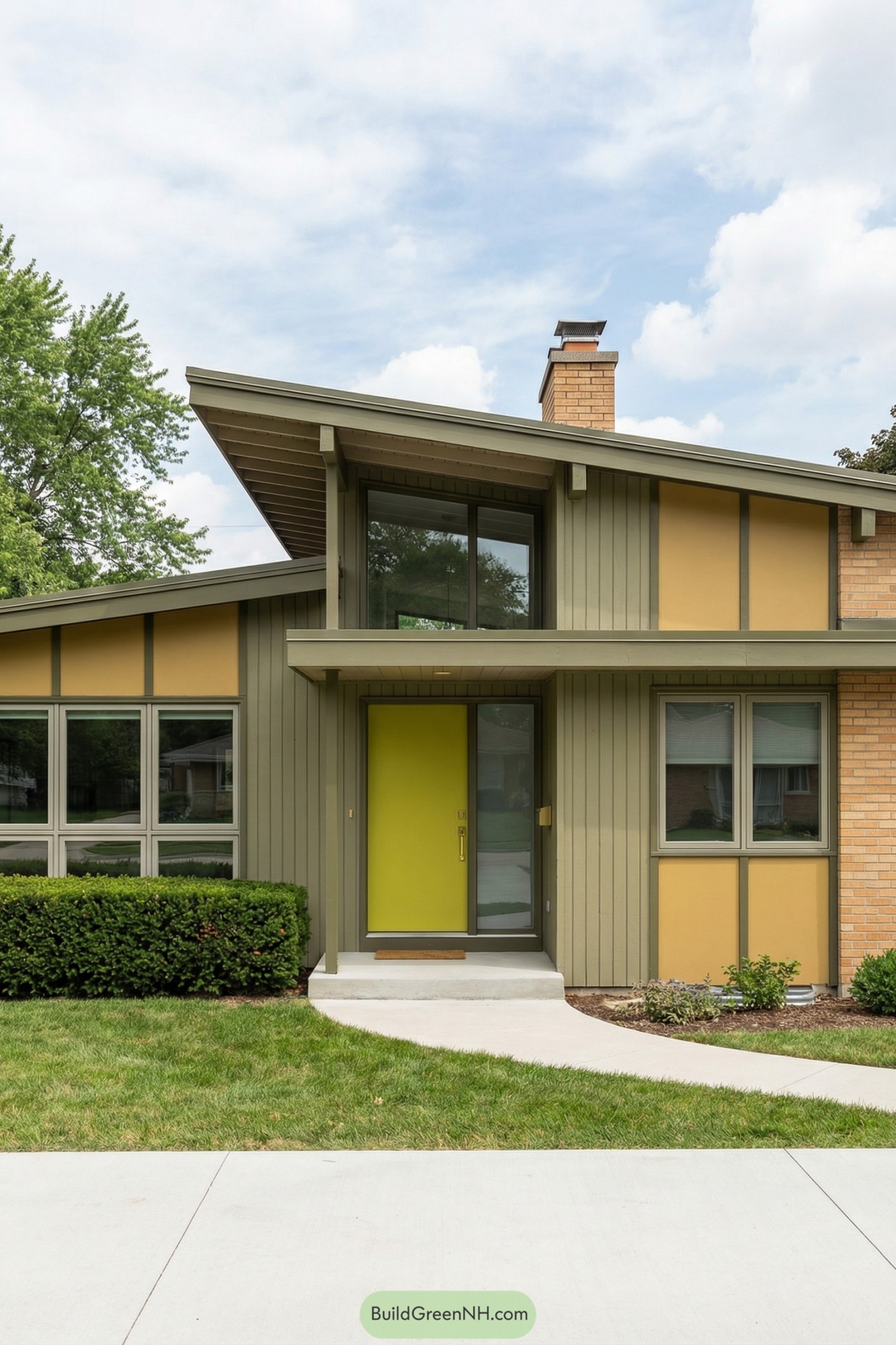 Mid century house with chartreuse door and angled rooflines