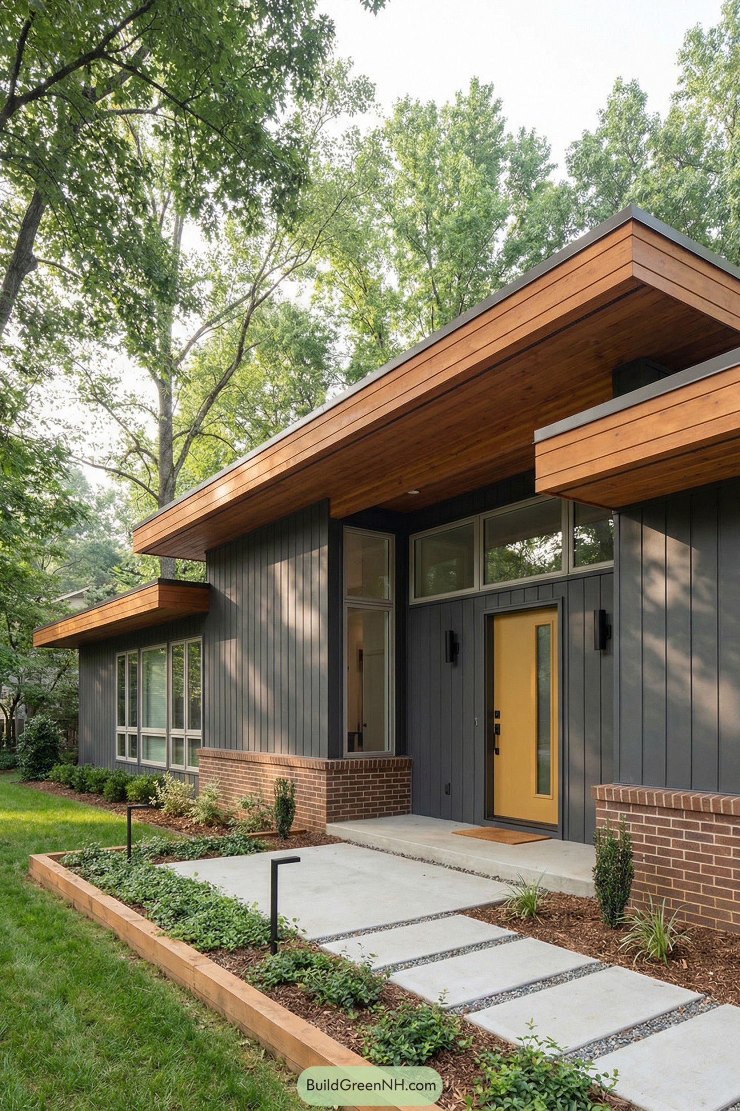 Midcentury home with mustard door and cedar overhangs