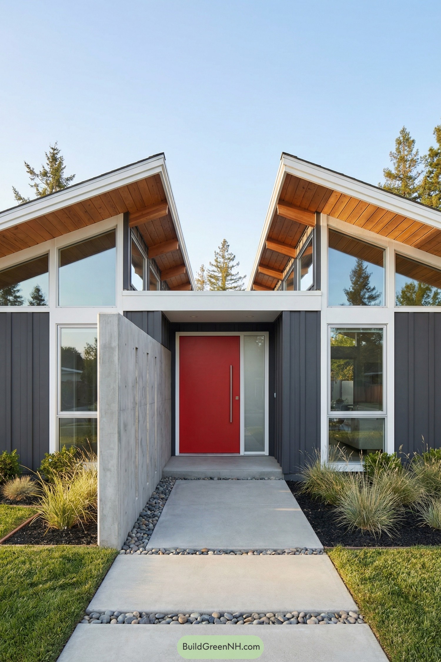 Midcentury home with twin gables and a bold red door
