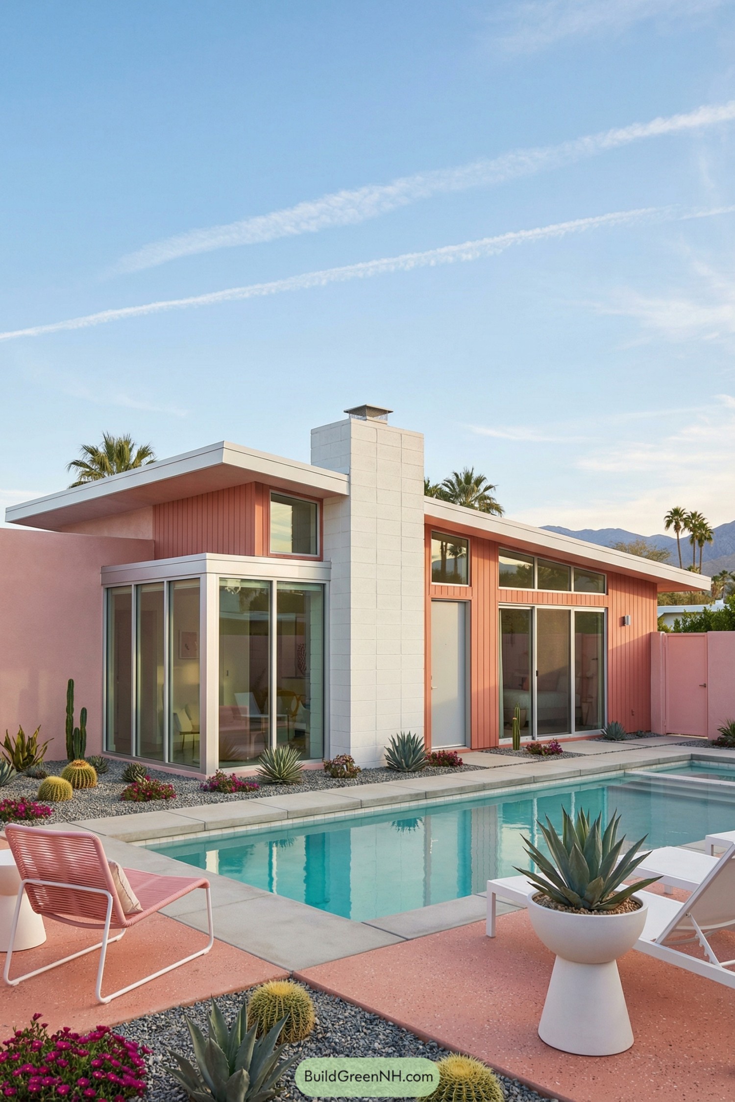 Midcentury coral house with pool and cacti