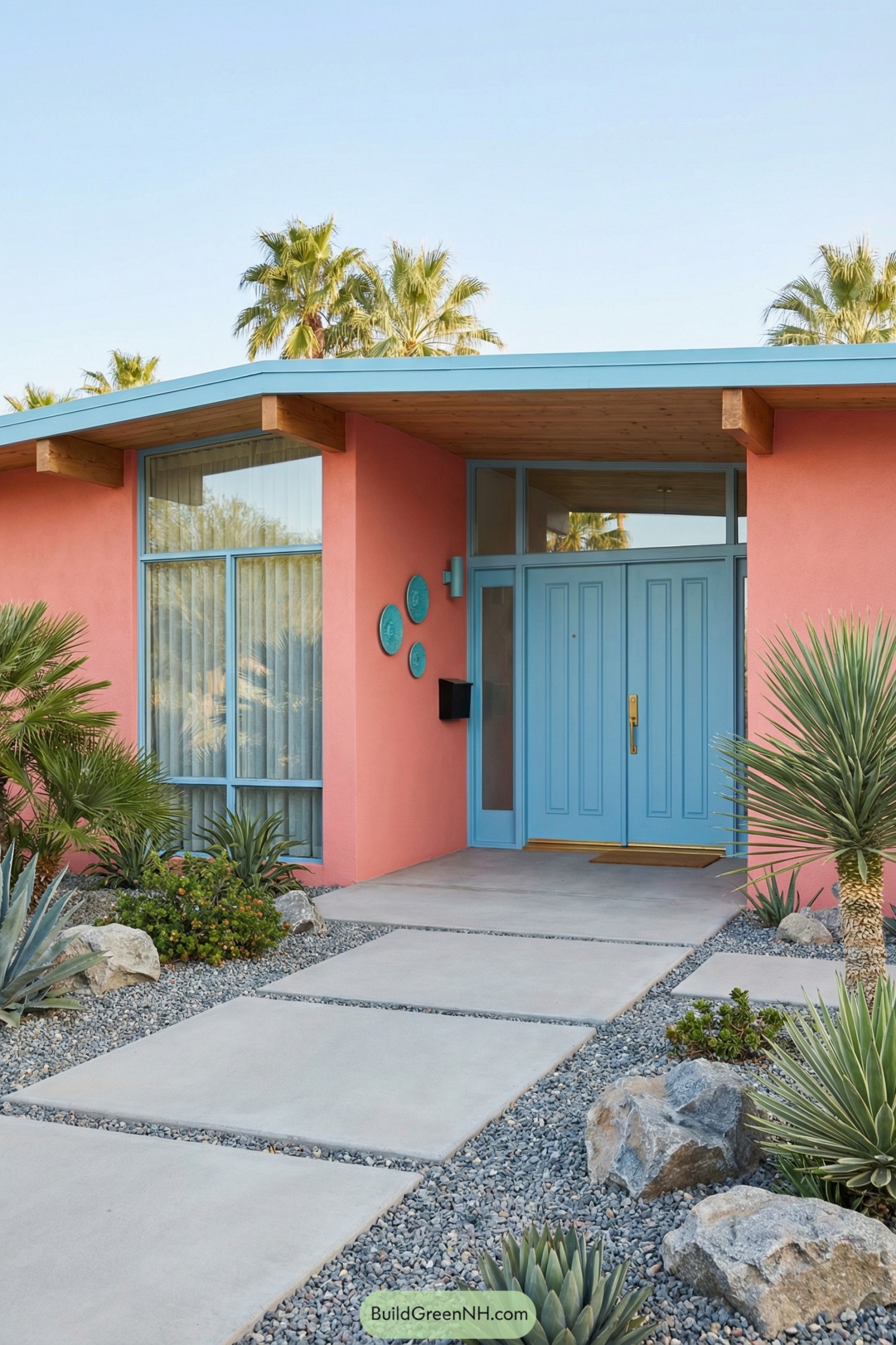 Coral pink midcentury house with sky-blue door and xeriscape path