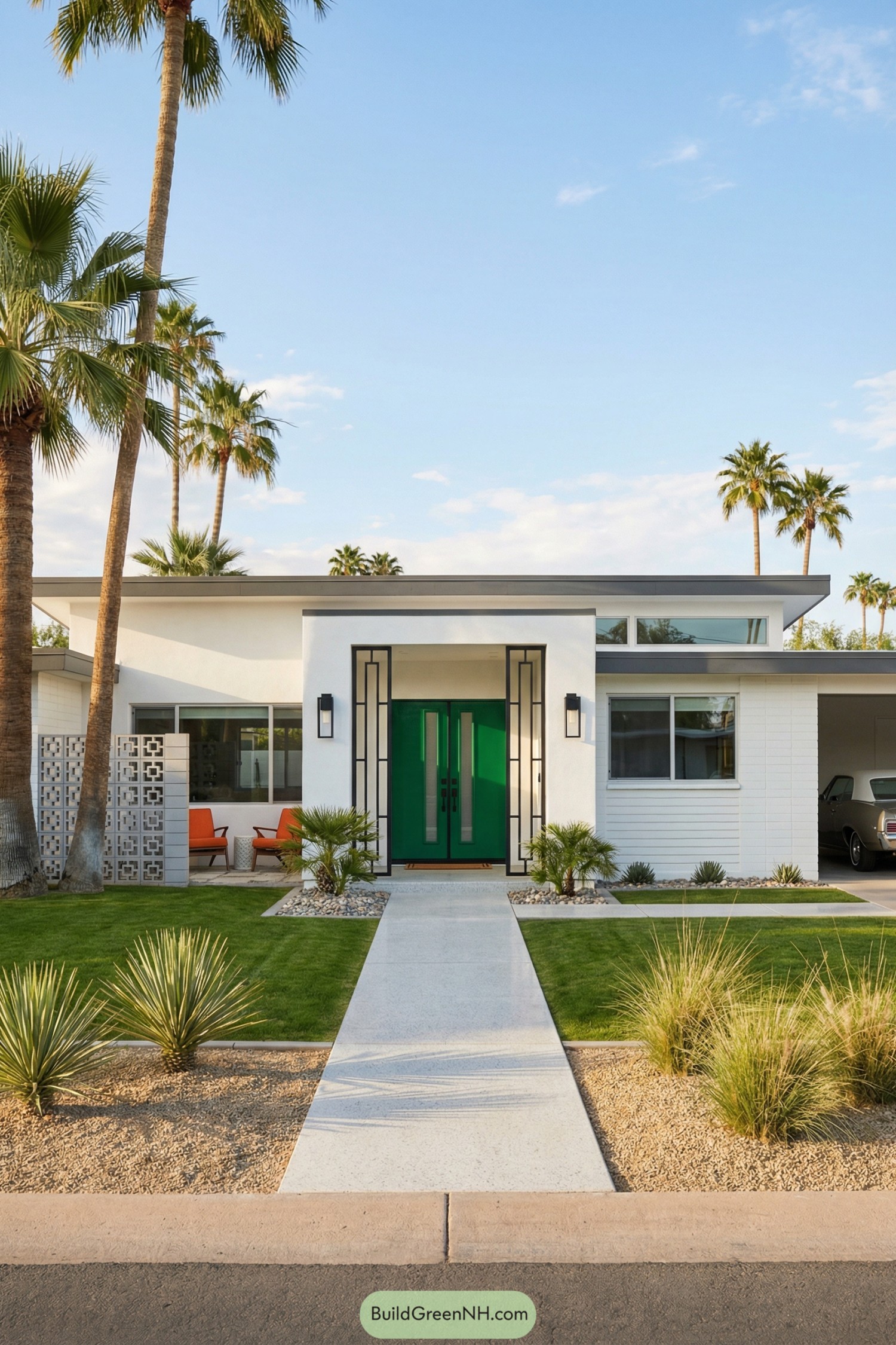 White stucco midcentury home with green double doors and palm-studded yard