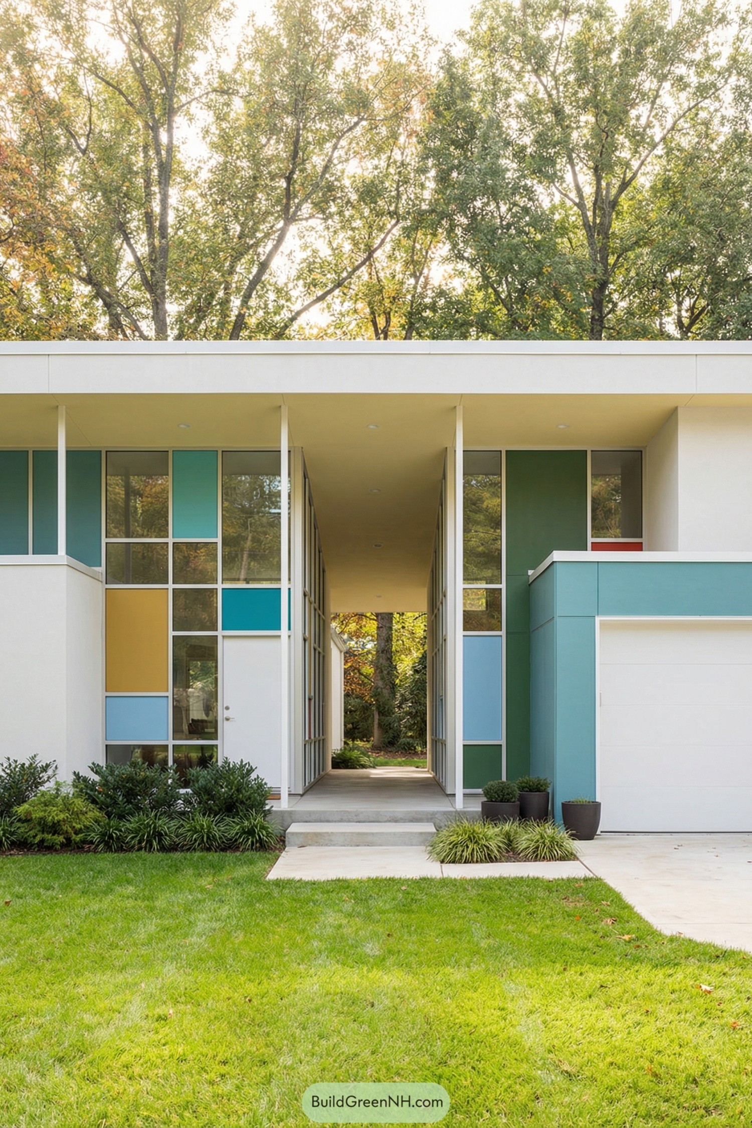 Color-blocked midcentury facade with open breezeway