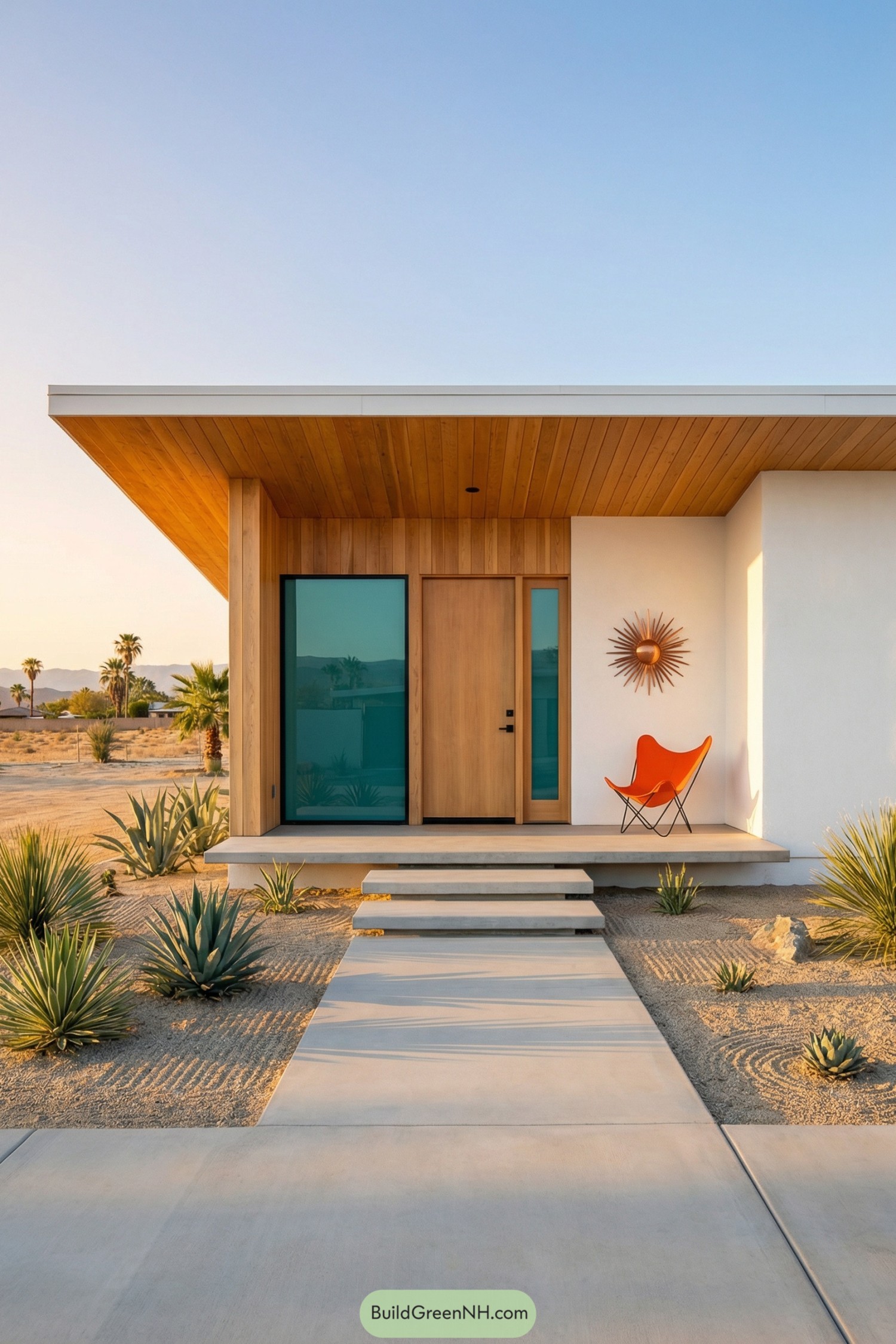 Midcentury desert home with wood soffit, teal glass, and orange chair