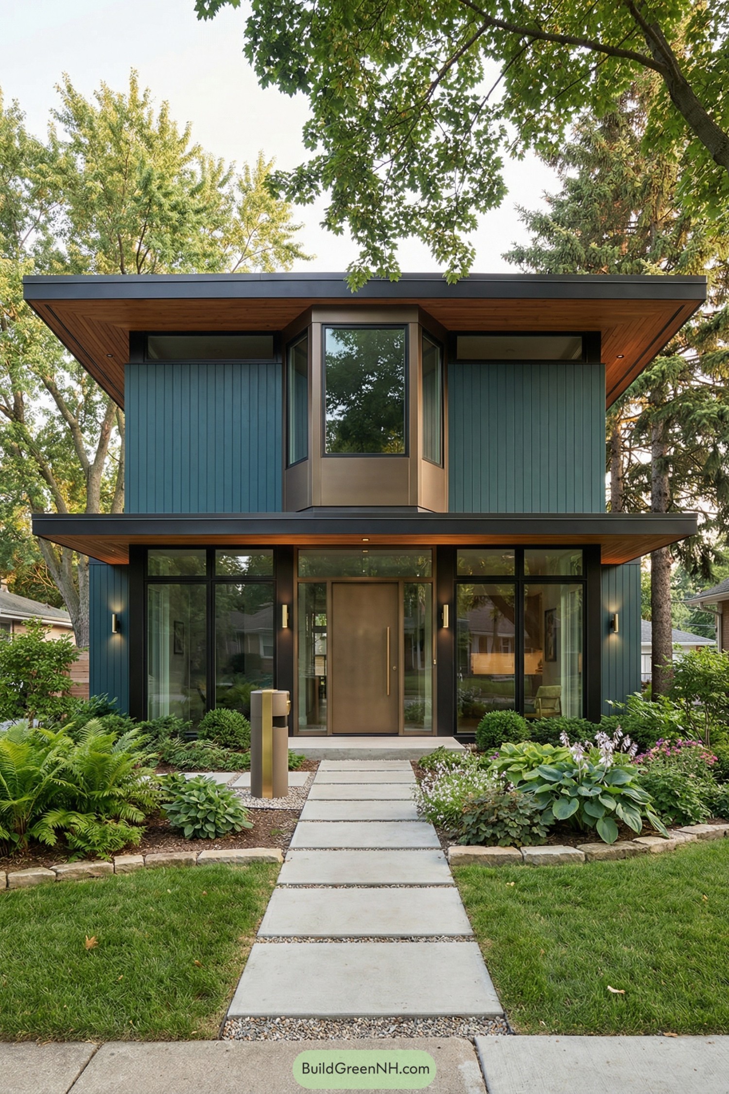 Midcentury modern home with teal vertical siding, broad overhangs, bronze entry, and glassy facade framed by lush landscaping