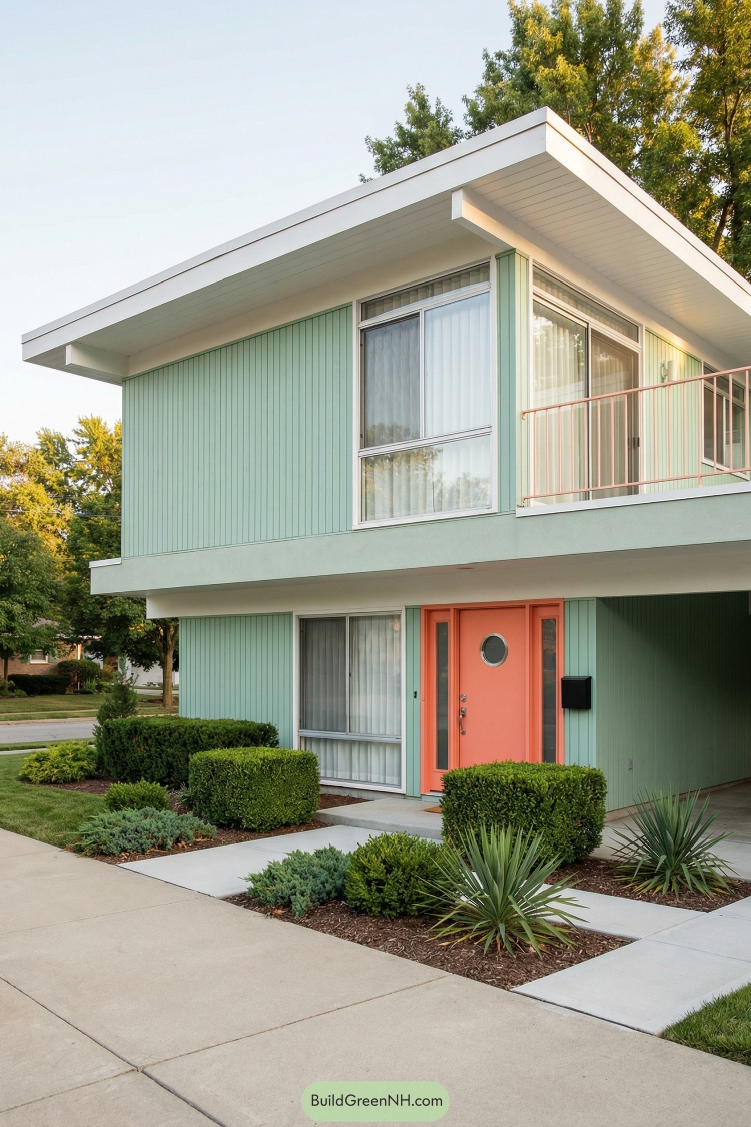 Mint green midcentury house with apricot door and balcony