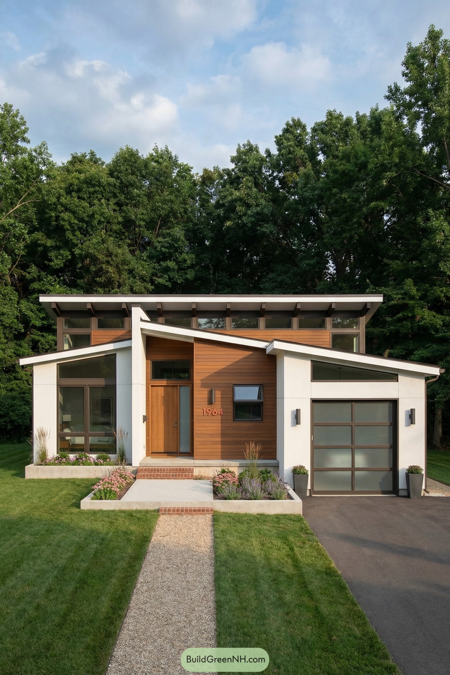 Mid century home with sloped roofs and wood cladding