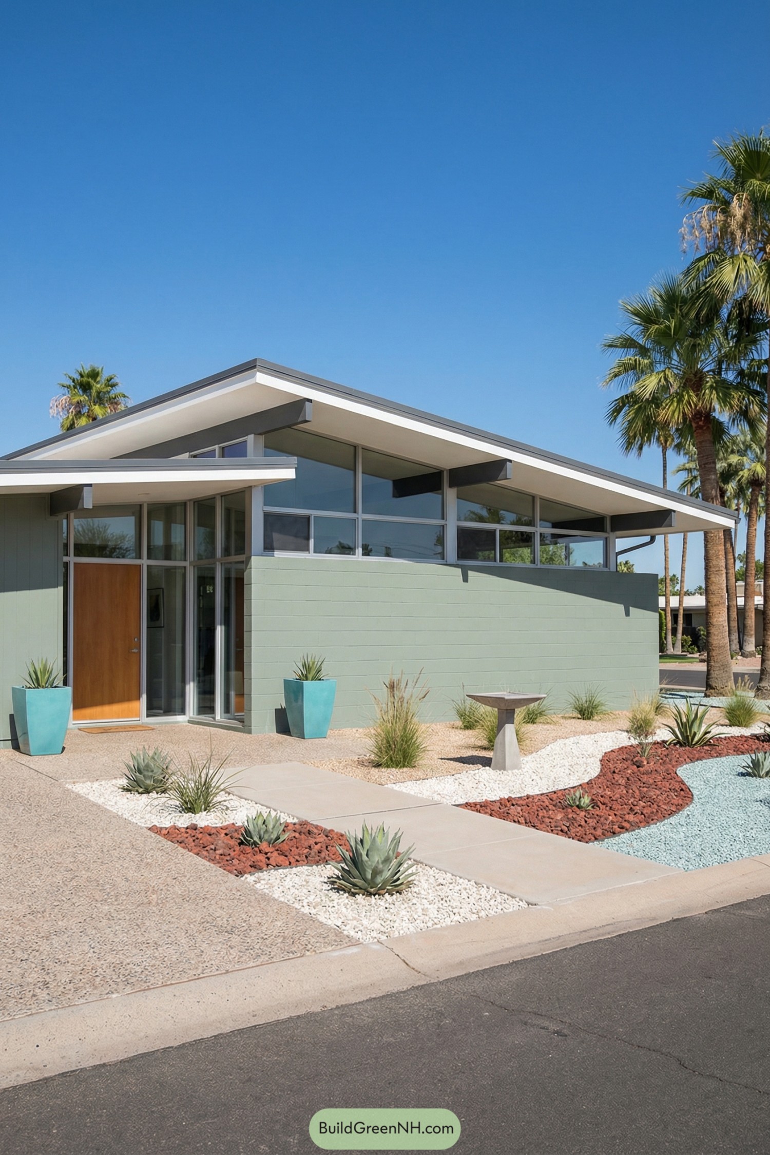 Mint green midcentury house with butterfly roof and desert landscaping
