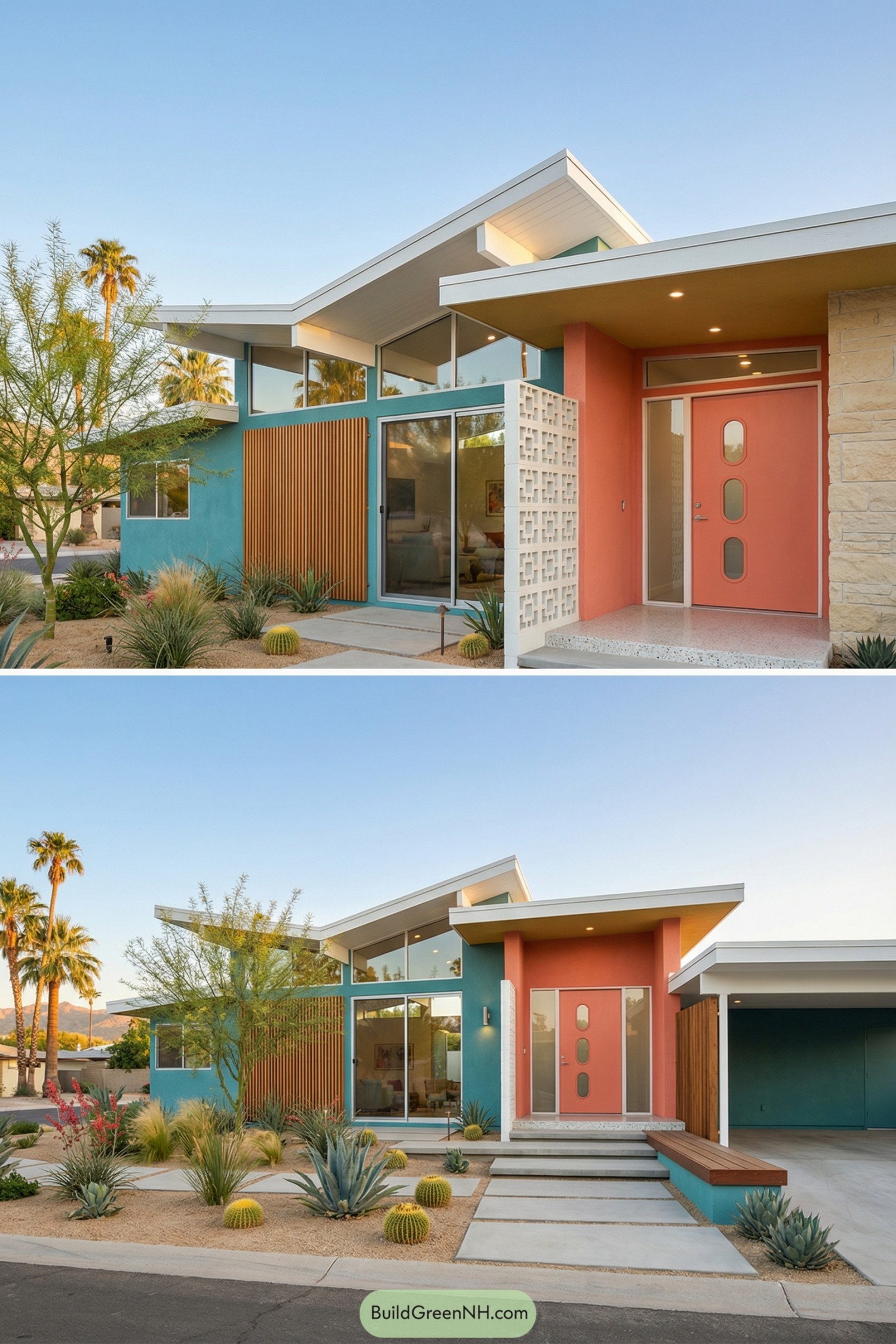Midcentury house with teal siding, coral entry, and butterfly roof