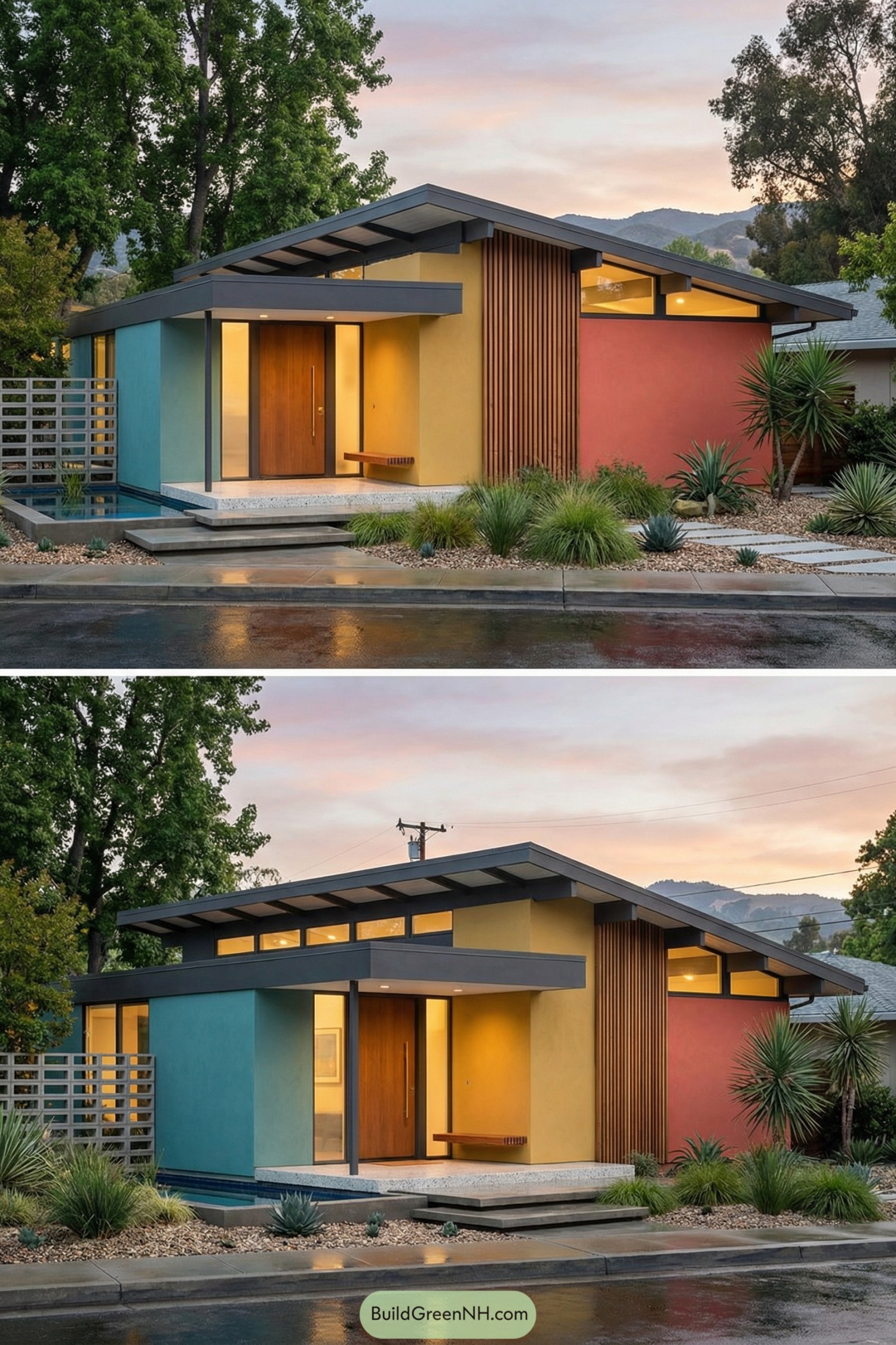 Color-blocked midcentury home with sloped roof and entry bench