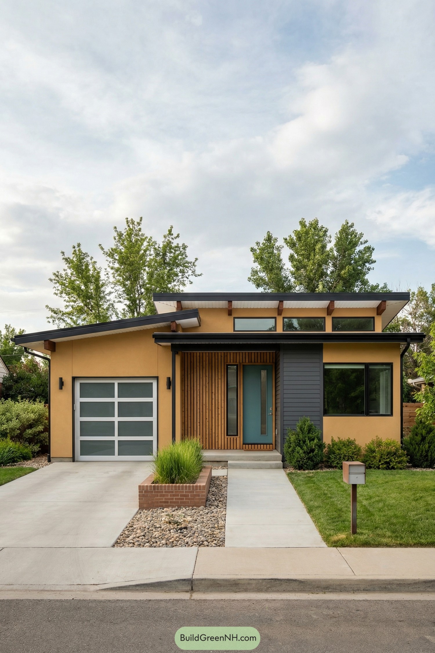 Single-story modern house with teal door and angled roof
