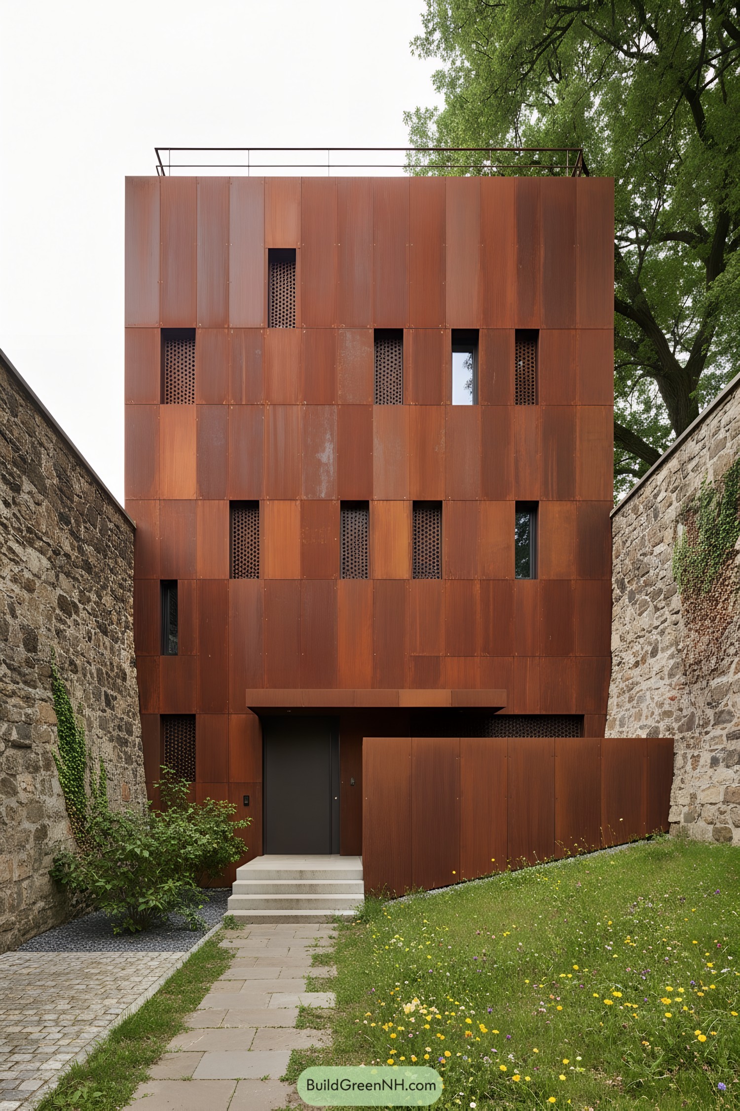 Corten-clad townhouse with staggered narrow windows between stone garden walls