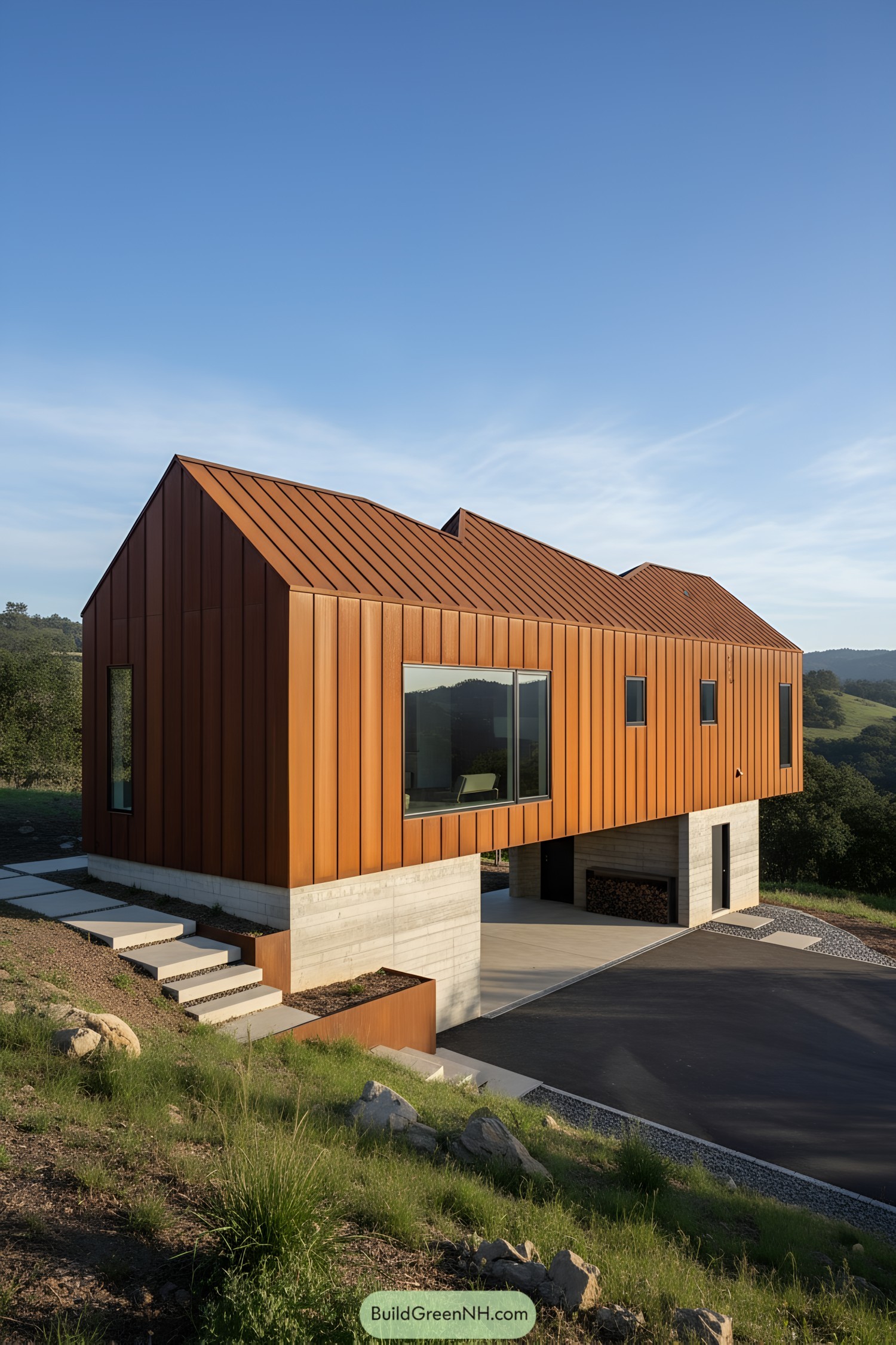 Corten-clad gabled house on concrete plinth