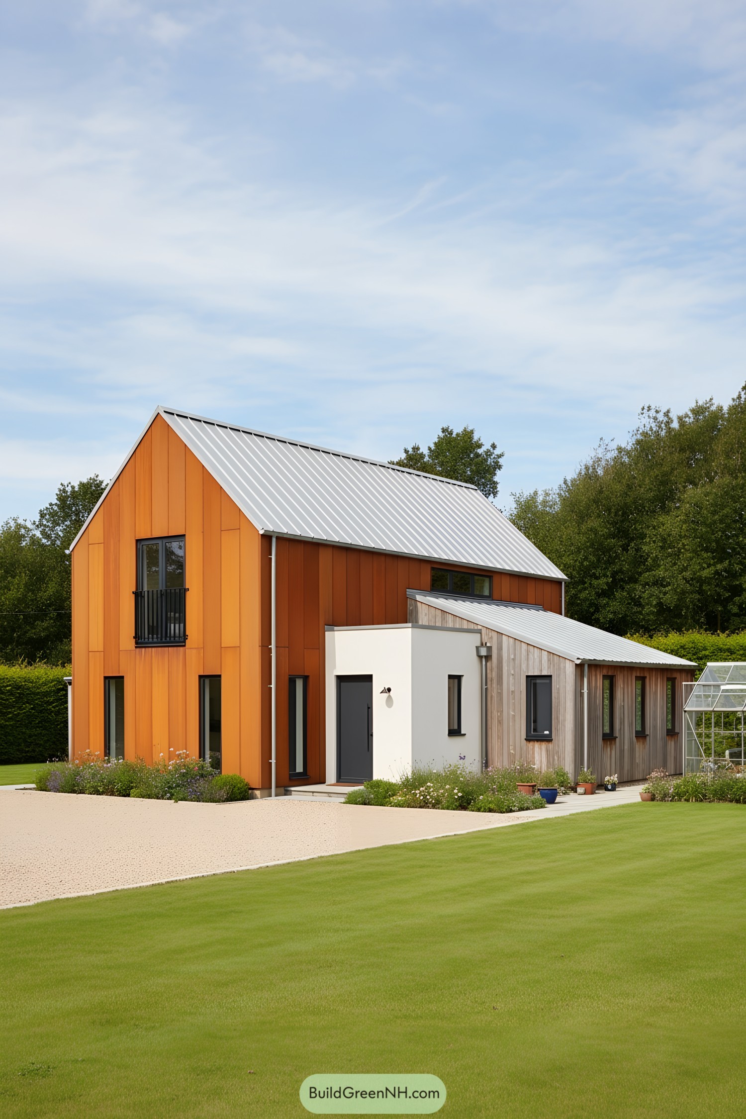 Modern corten-clad house with gabled roof and timber annex